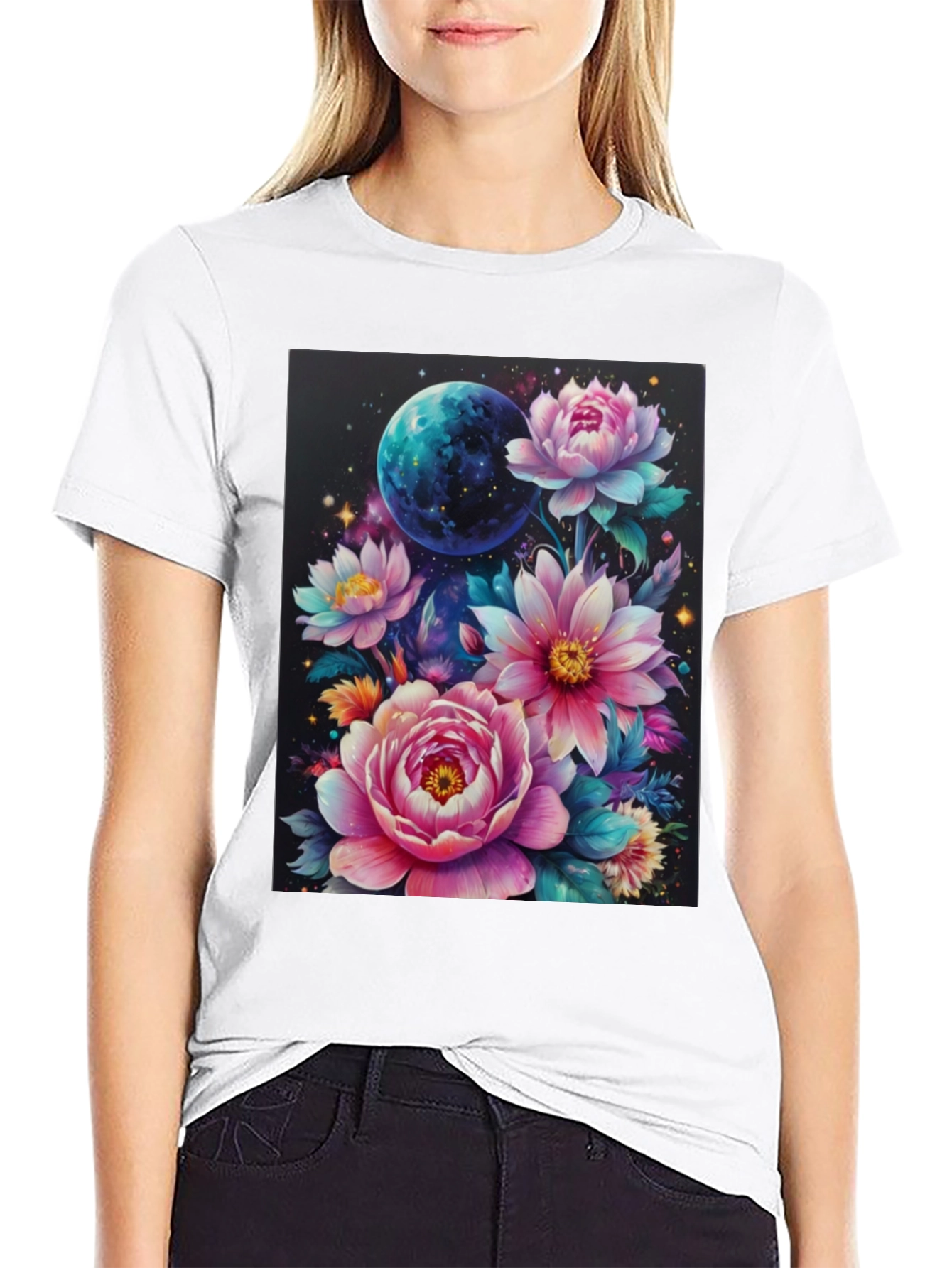 Floral Galaxy T-Shirt: Space & Bloom Fusion