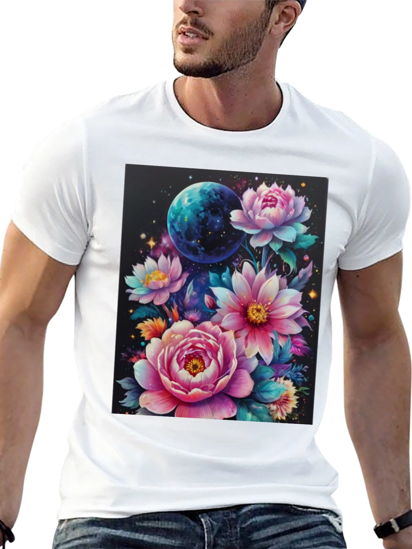 Floral Galaxy T-Shirt: Space & Bloom Fusion