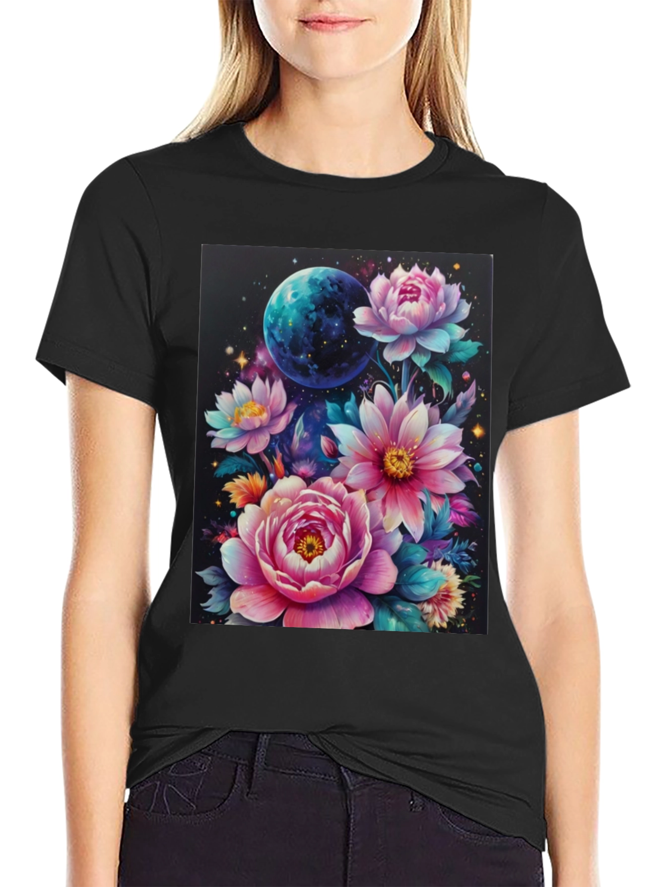Floral Galaxy T-Shirt: Space & Bloom Fusion