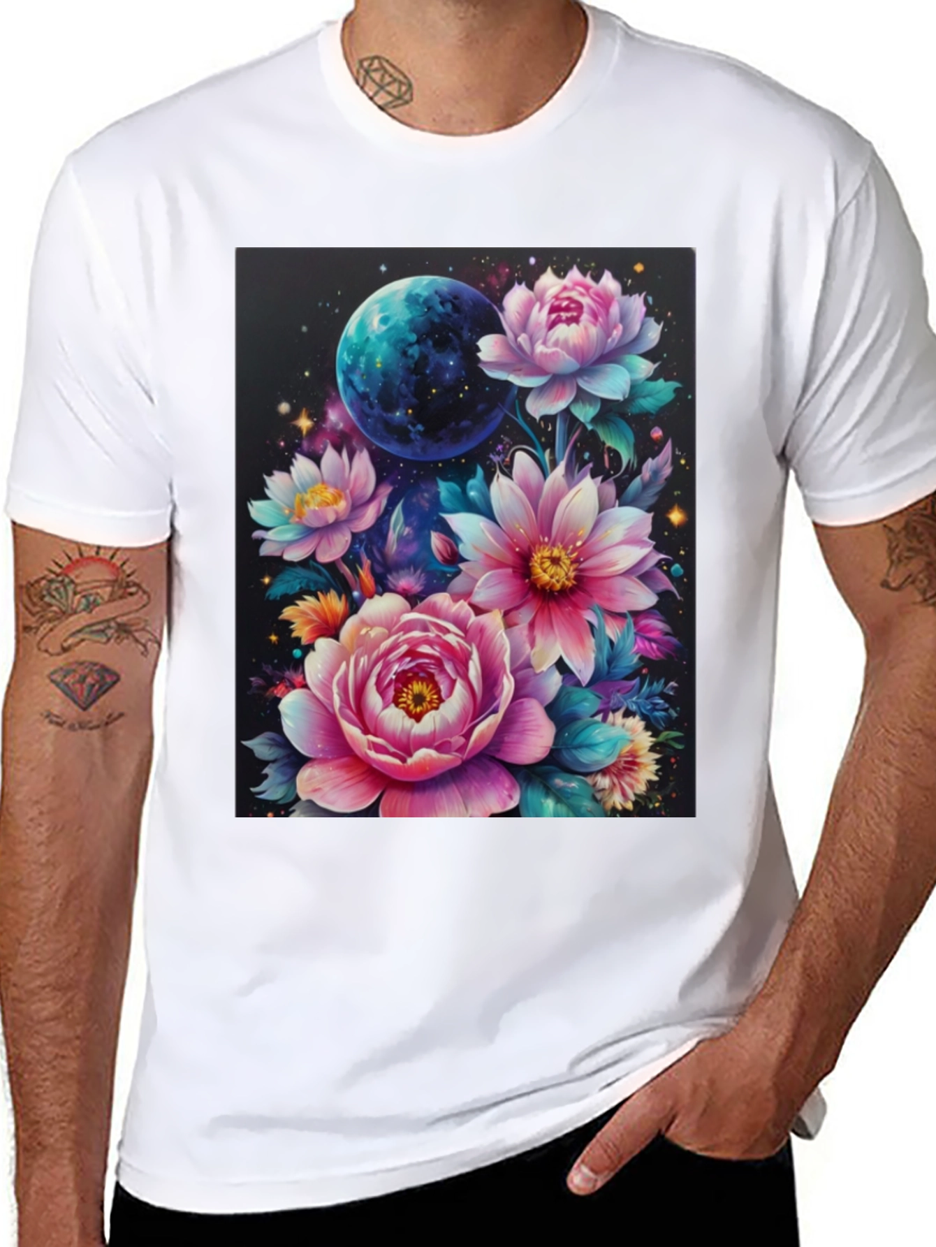 Floral Galaxy T-Shirt: Space & Bloom Fusion