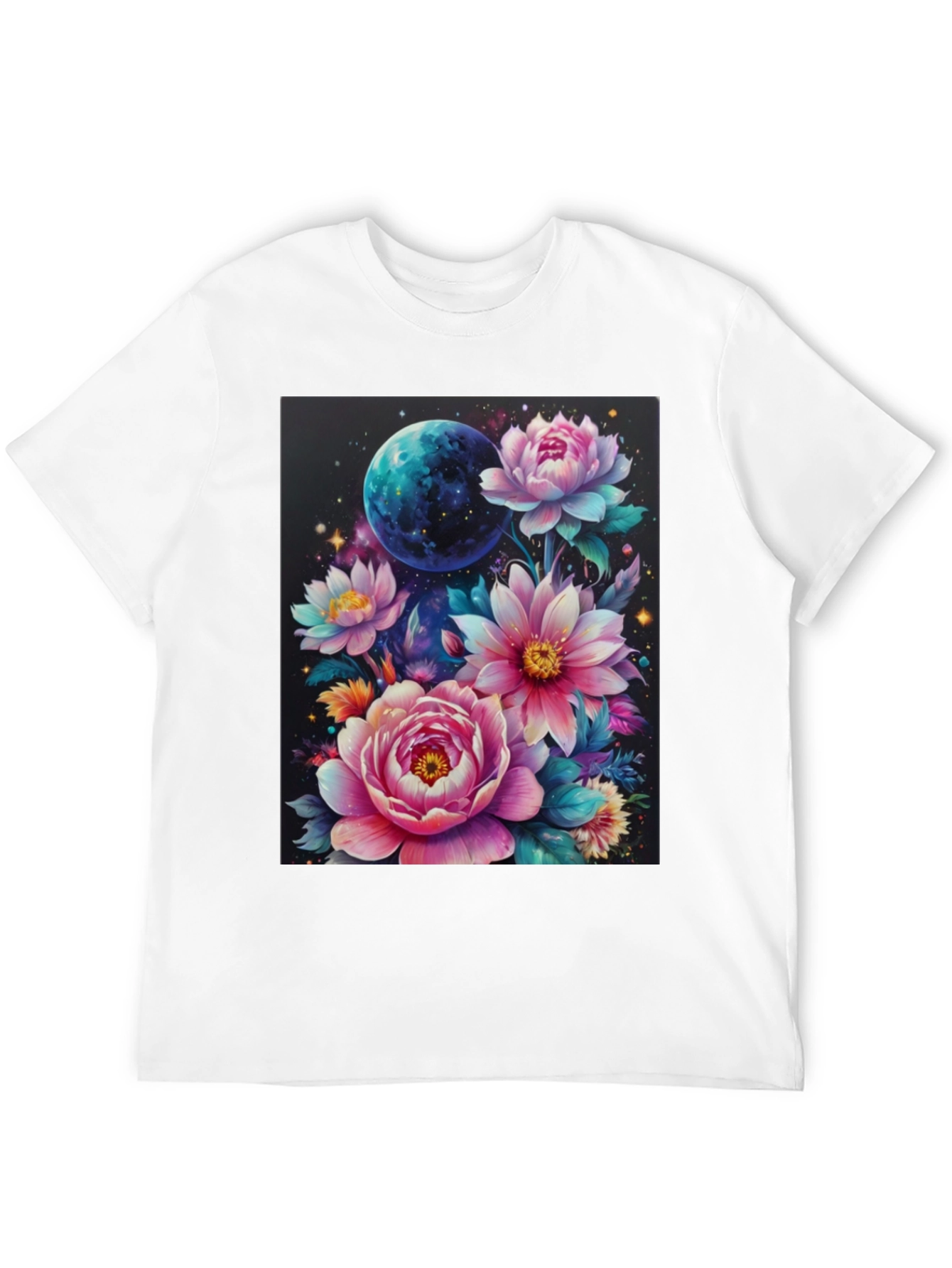 Floral Galaxy T-Shirt: Space & Bloom Fusion