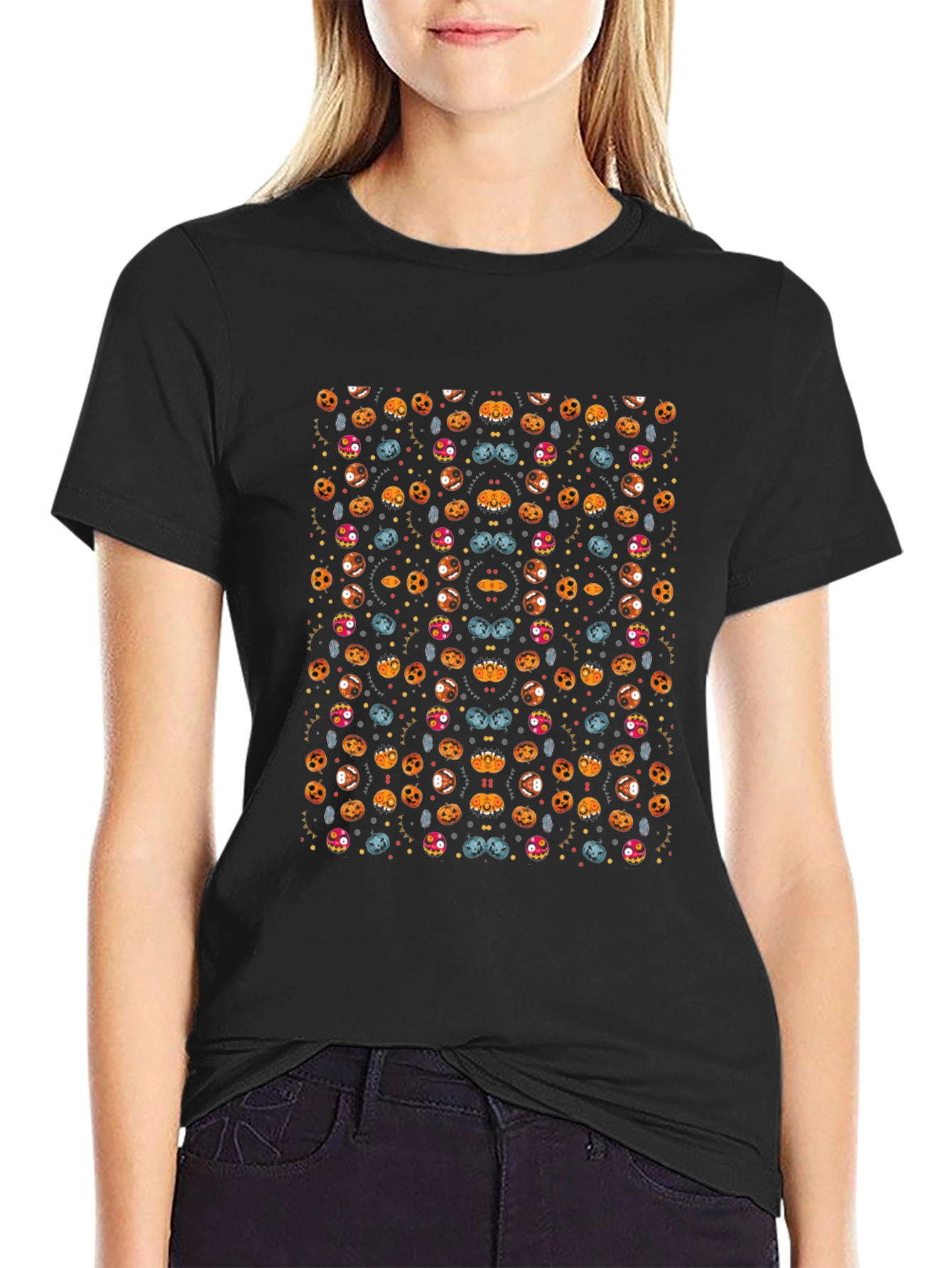 Spooky Halloween Pattern Black T-Shirt