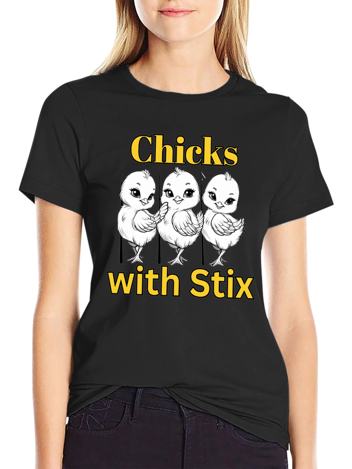 Funny Chicks with Stix Graphic T-Shirt