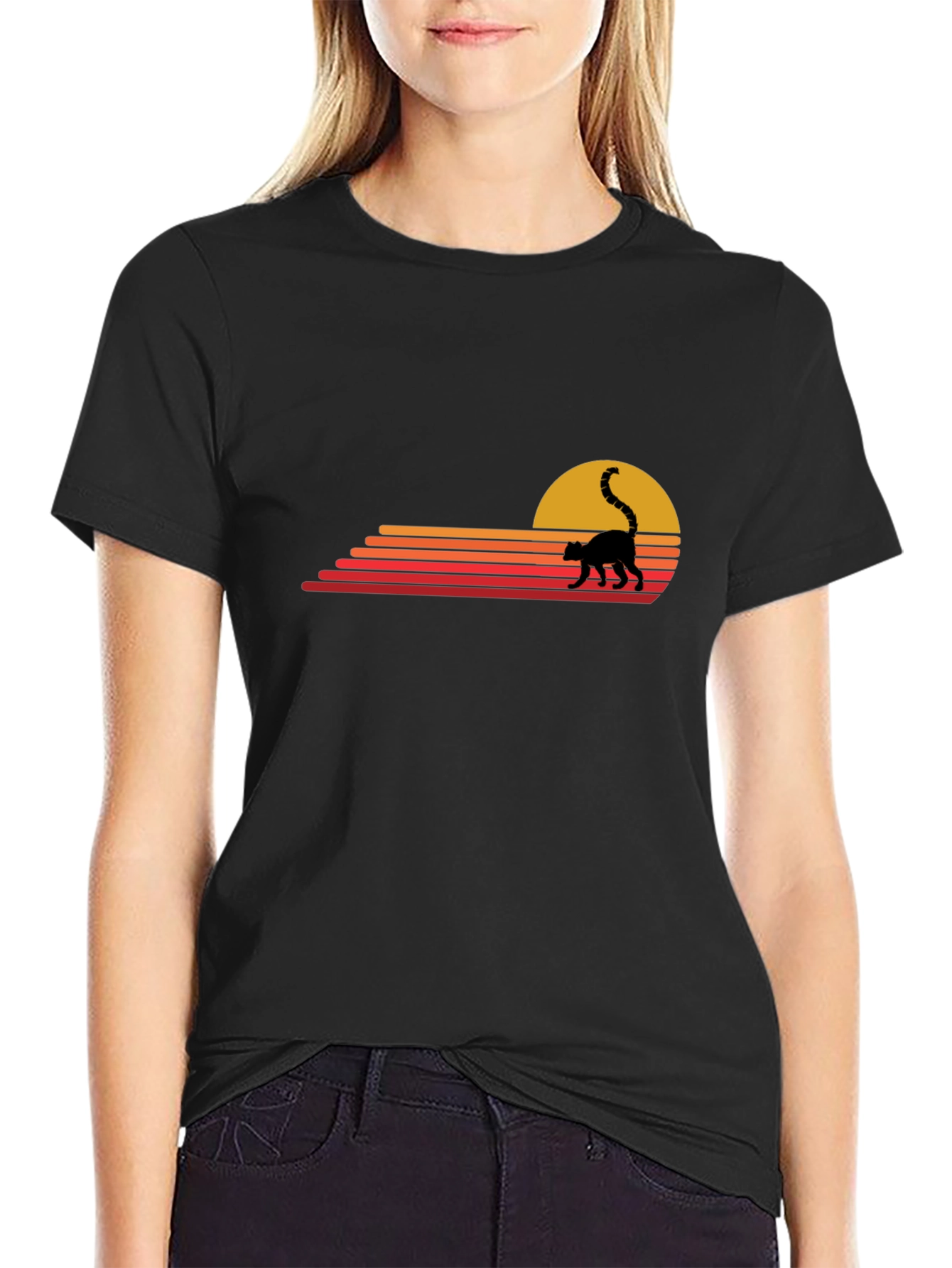 Retro Lemur Sunset Graphic Tee - Black