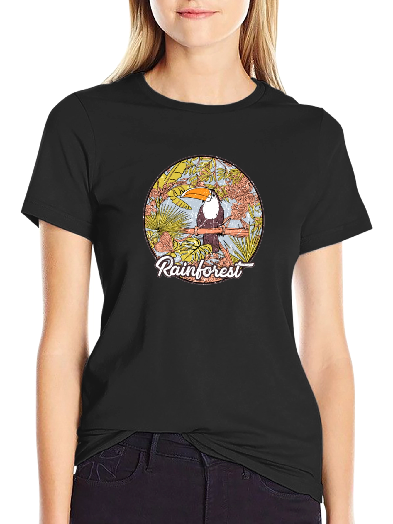 Rainforest Toucan Graphic Tee - Black Cotton T-Shirt