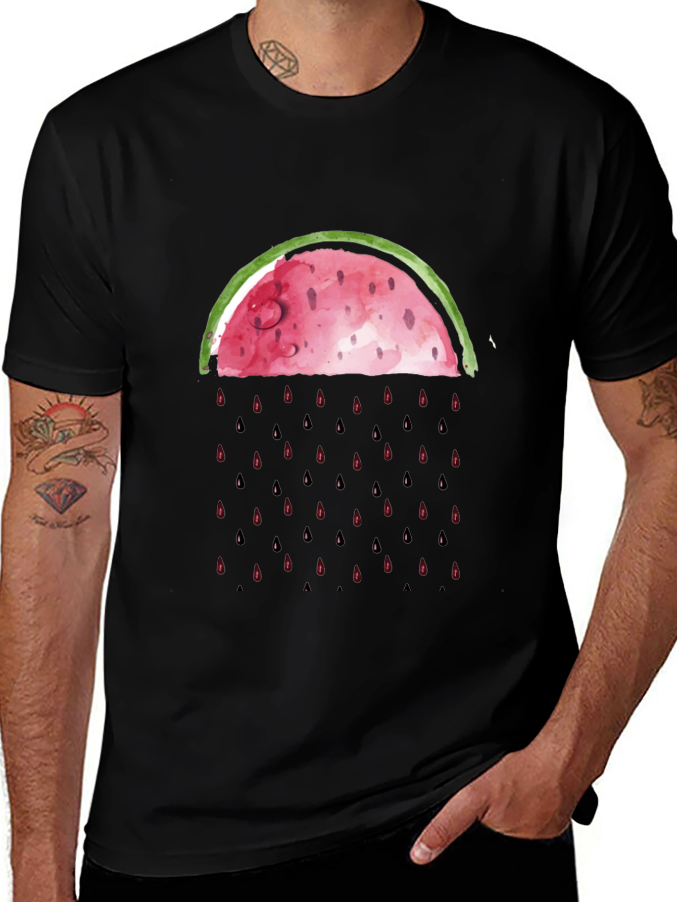 Watermelon Rain Graphic Tee - Black Cotton Shirt