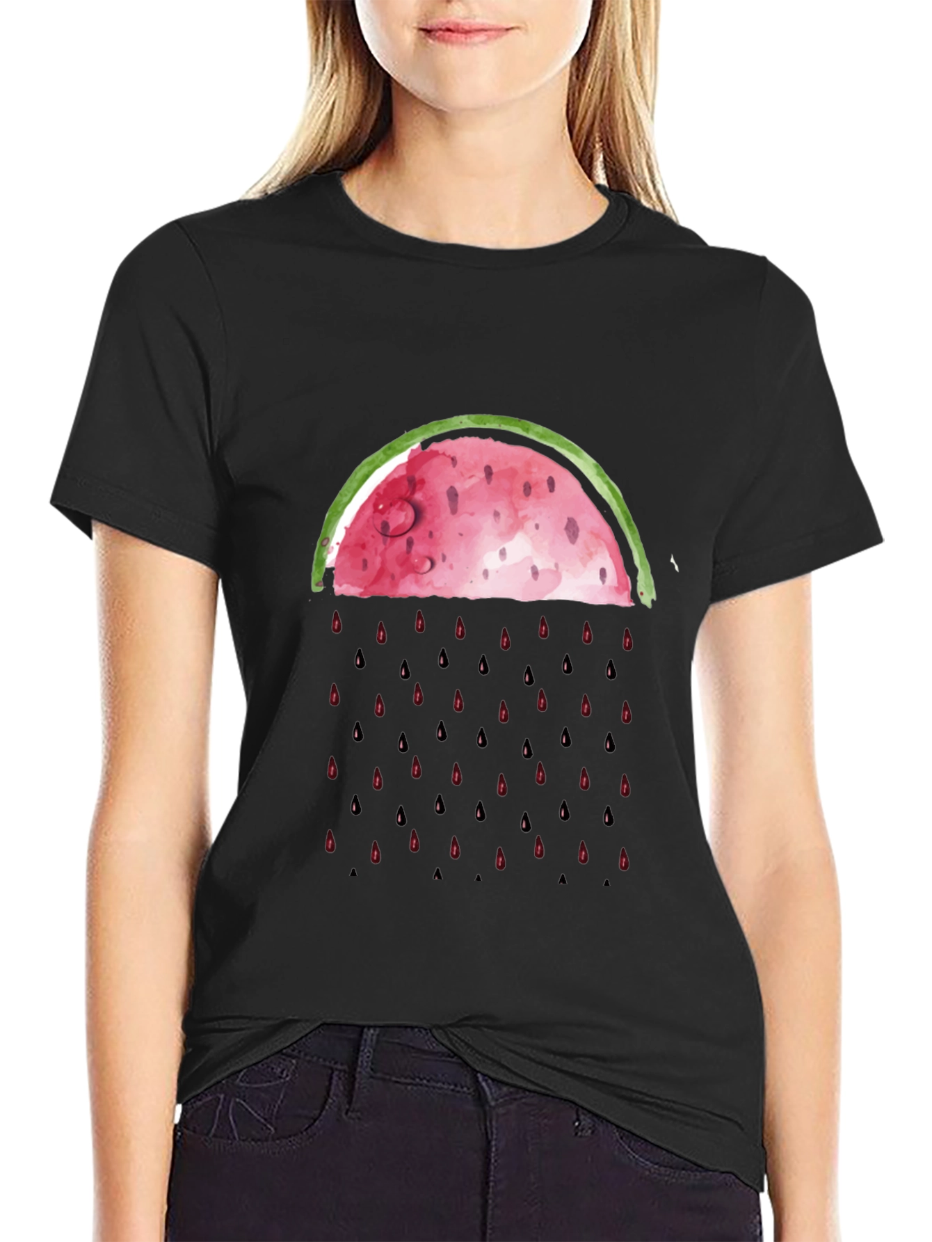 Watermelon Rain Graphic Tee - Black Cotton Shirt