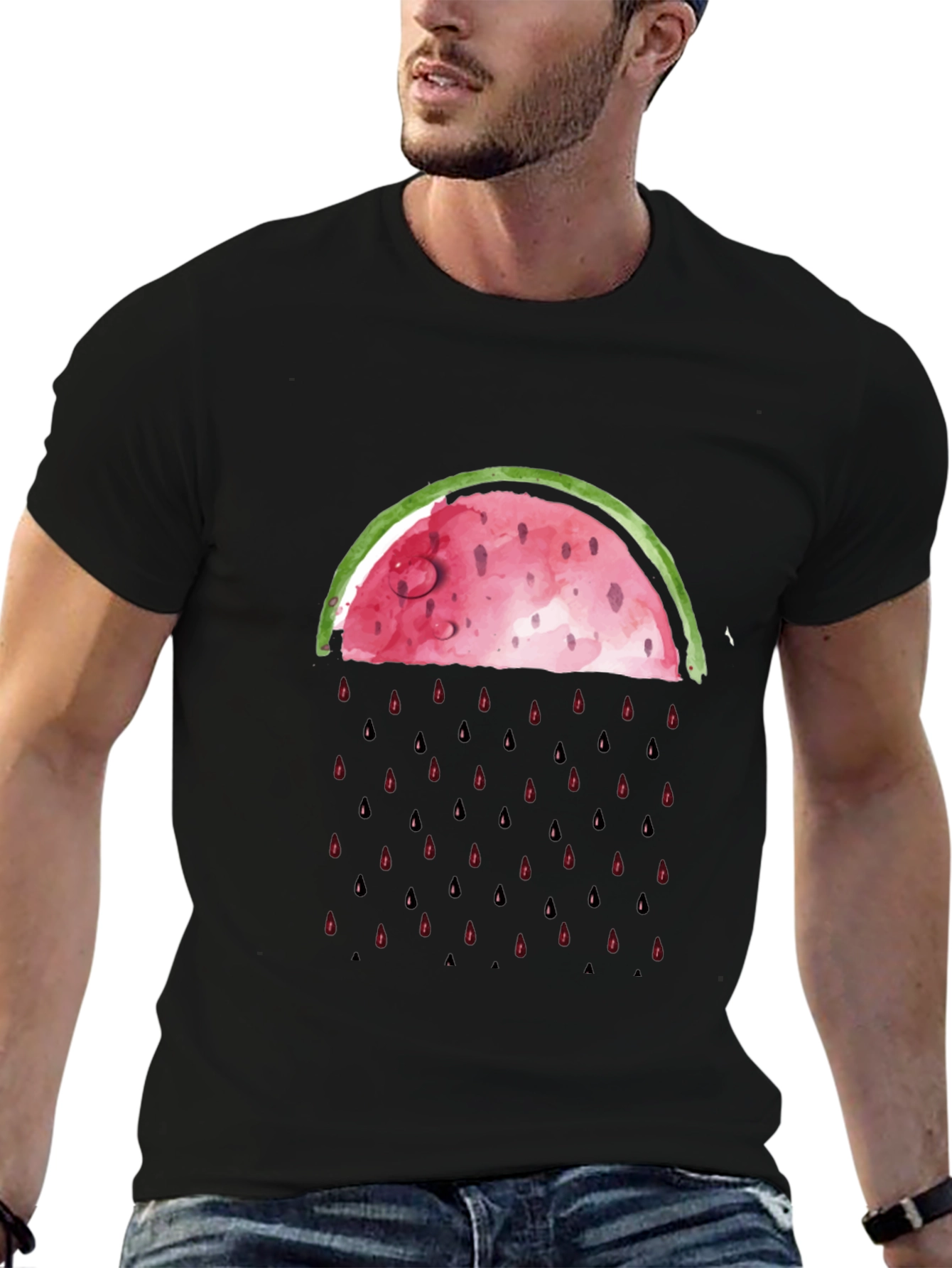 Watermelon Rain Graphic Tee - Black Cotton Shirt