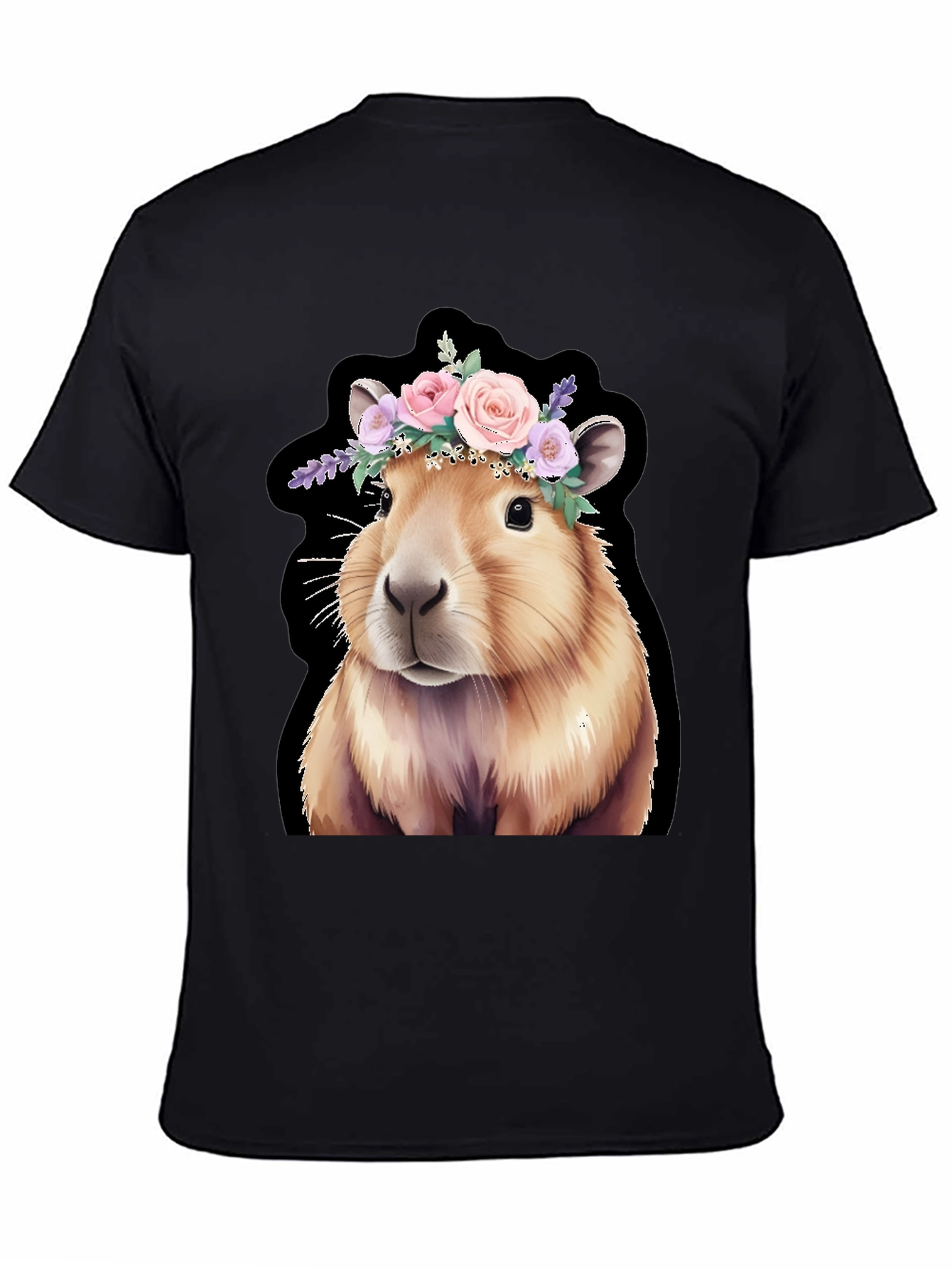 Capybara Floral Crown Black T-Shirt