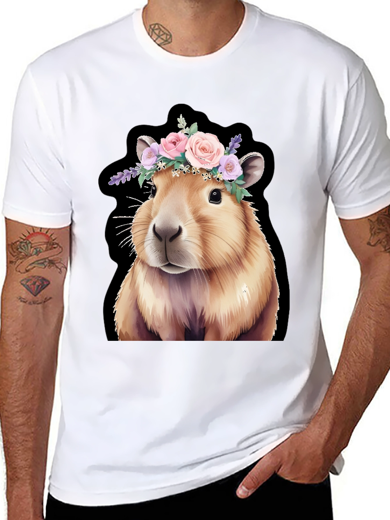 Capybara Floral Crown Black T-Shirt