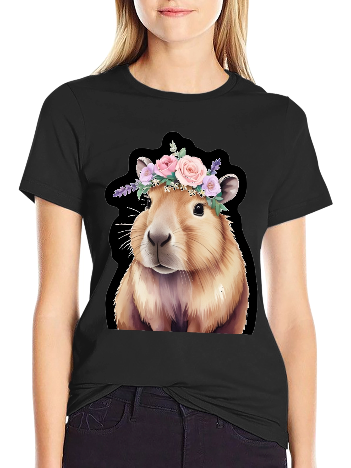 Capybara Floral Crown Black T-Shirt