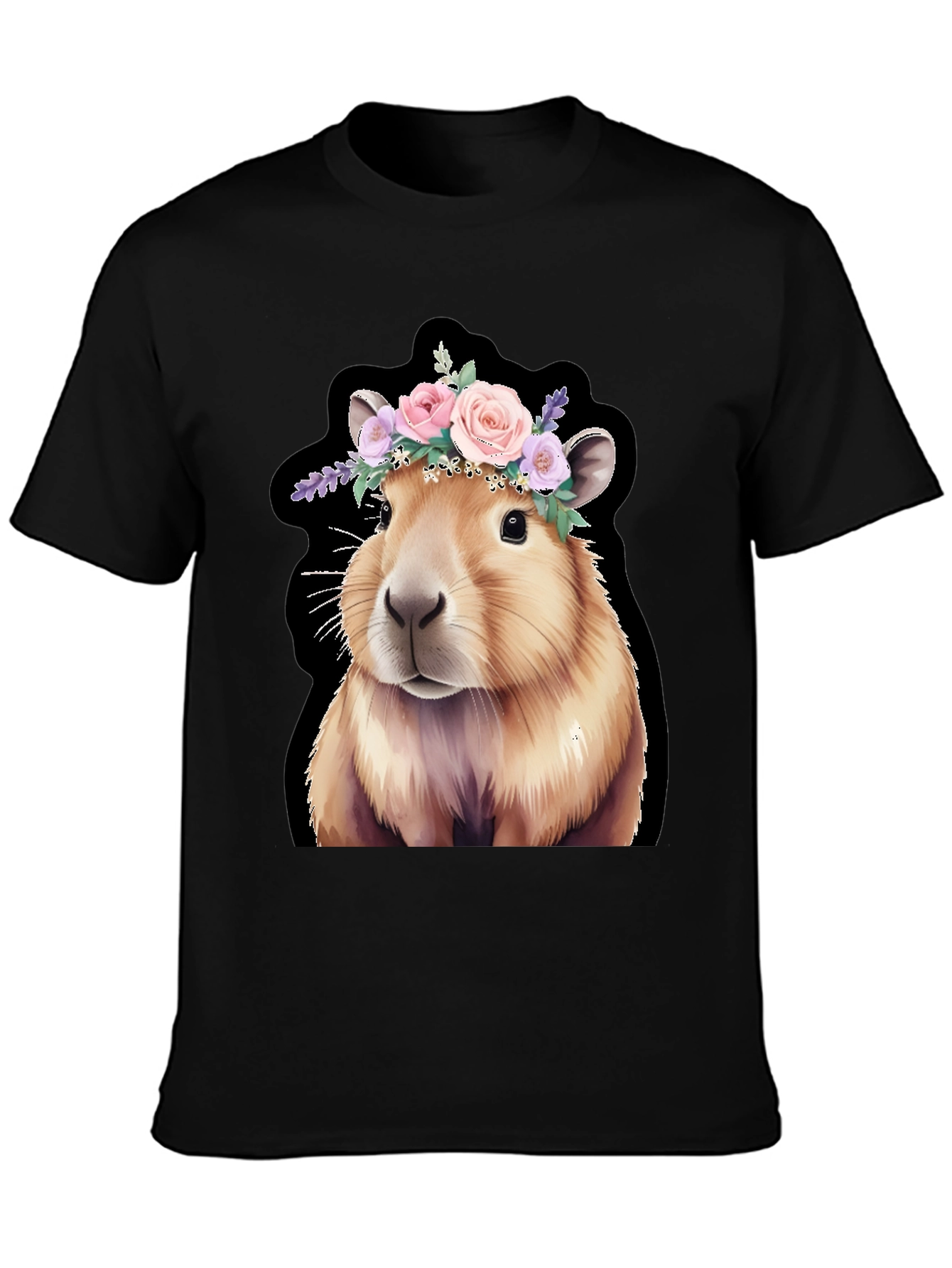 Capybara Floral Crown Black T-Shirt