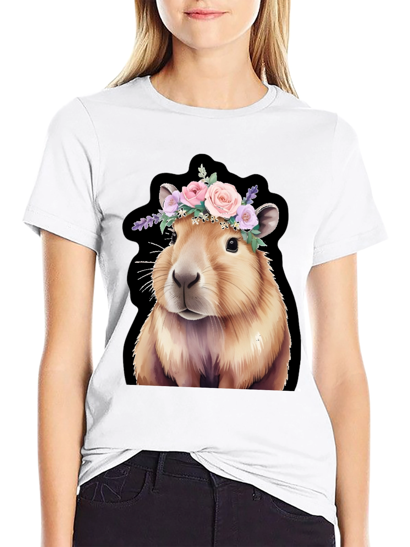 Capybara Floral Crown Black T-Shirt