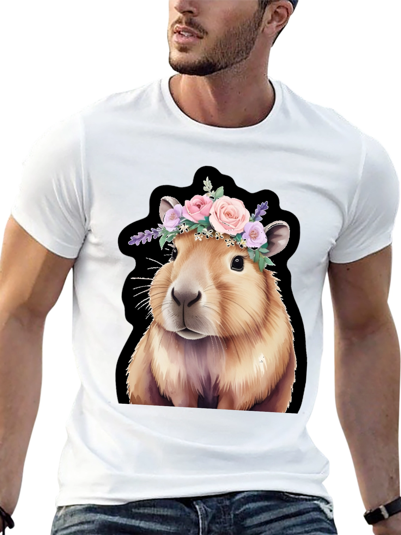 Capybara Floral Crown Black T-Shirt