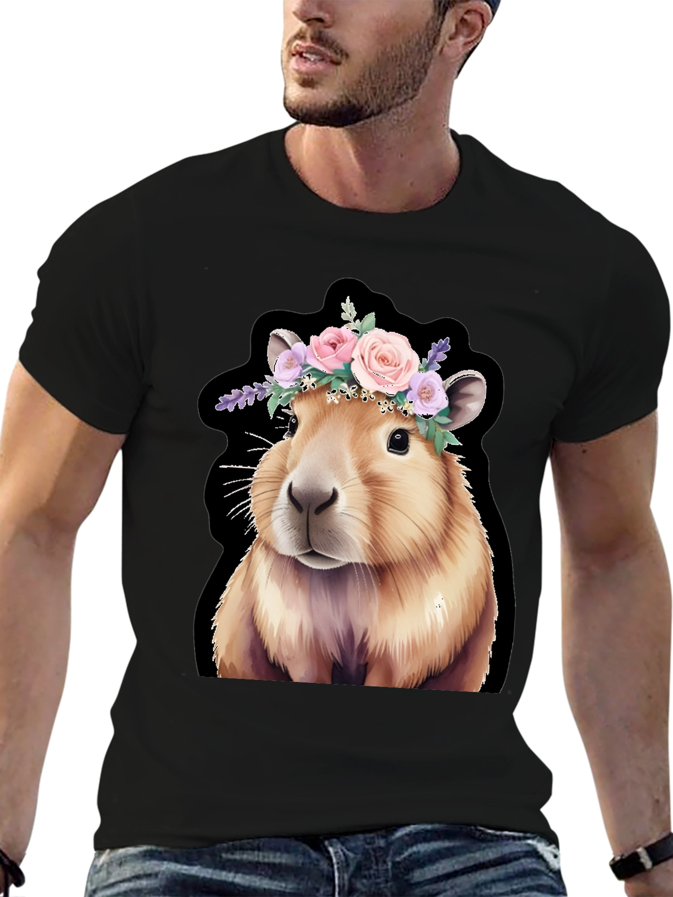 Capybara Floral Crown Black T-Shirt