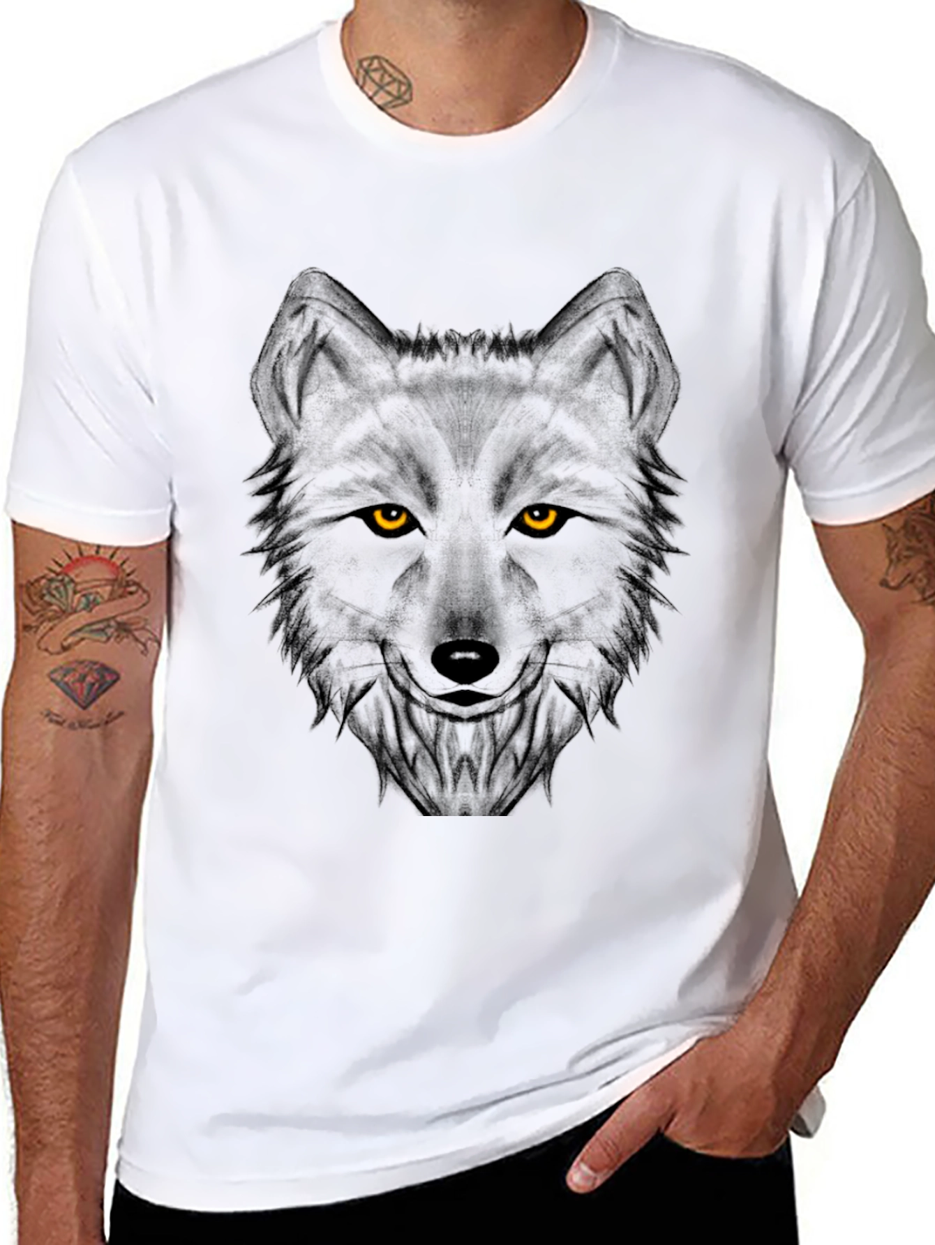 Mens Black Wolf Graphic Print Crew Neck T-Shirt