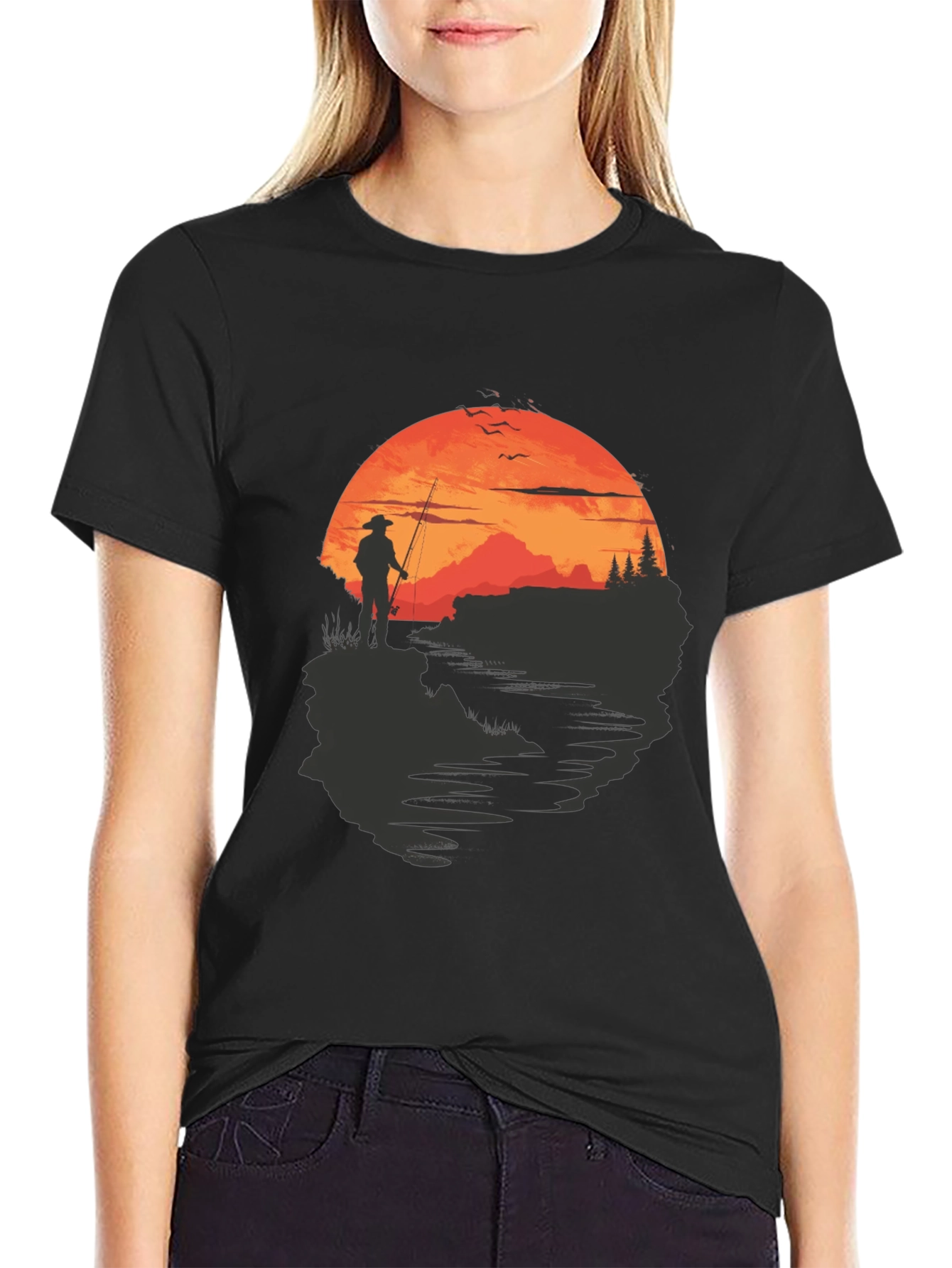 Fisherman Sunset Graphic Tee - Black Crew Neck