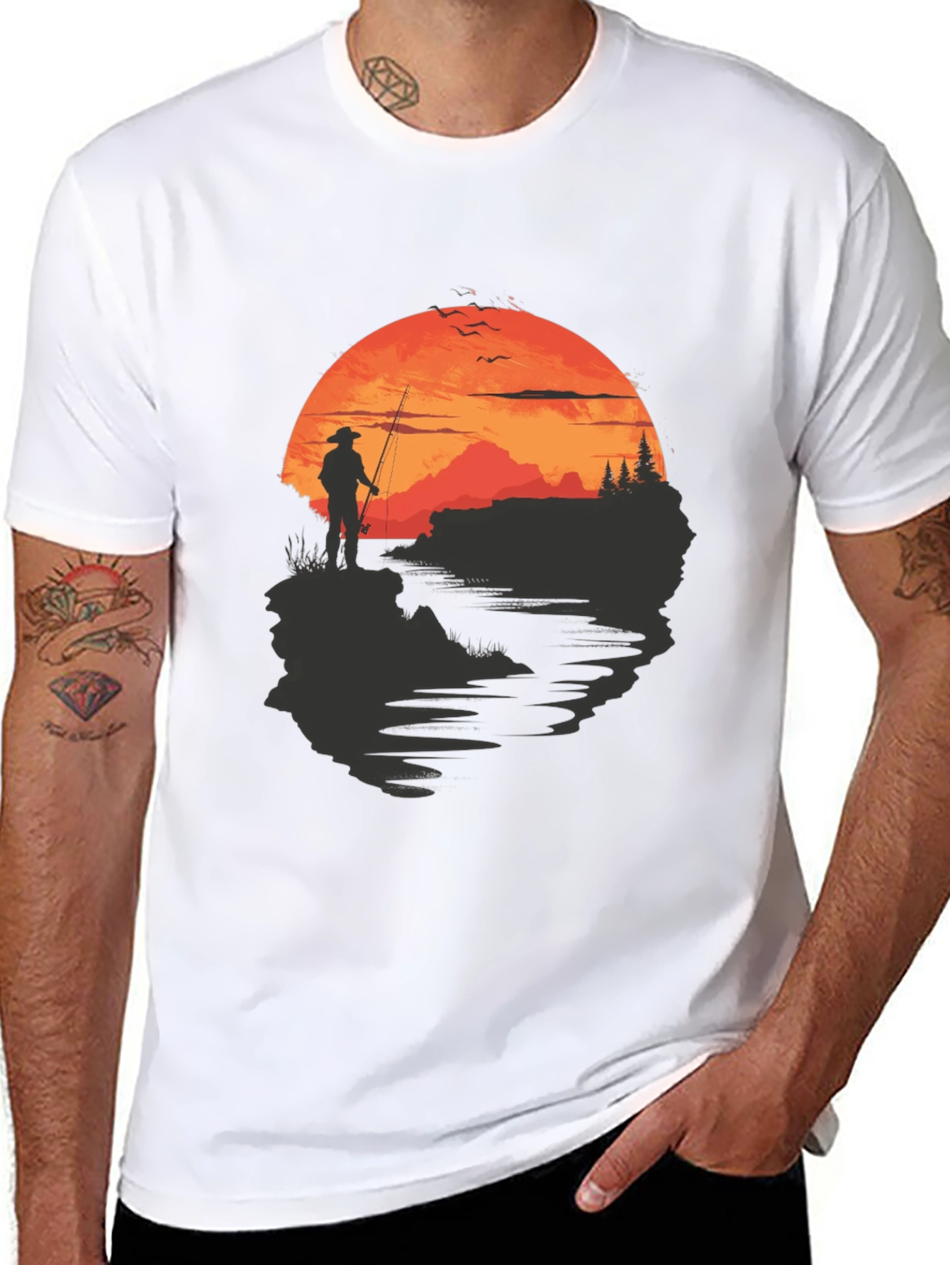 Fisherman Sunset Graphic Tee - Black Crew Neck