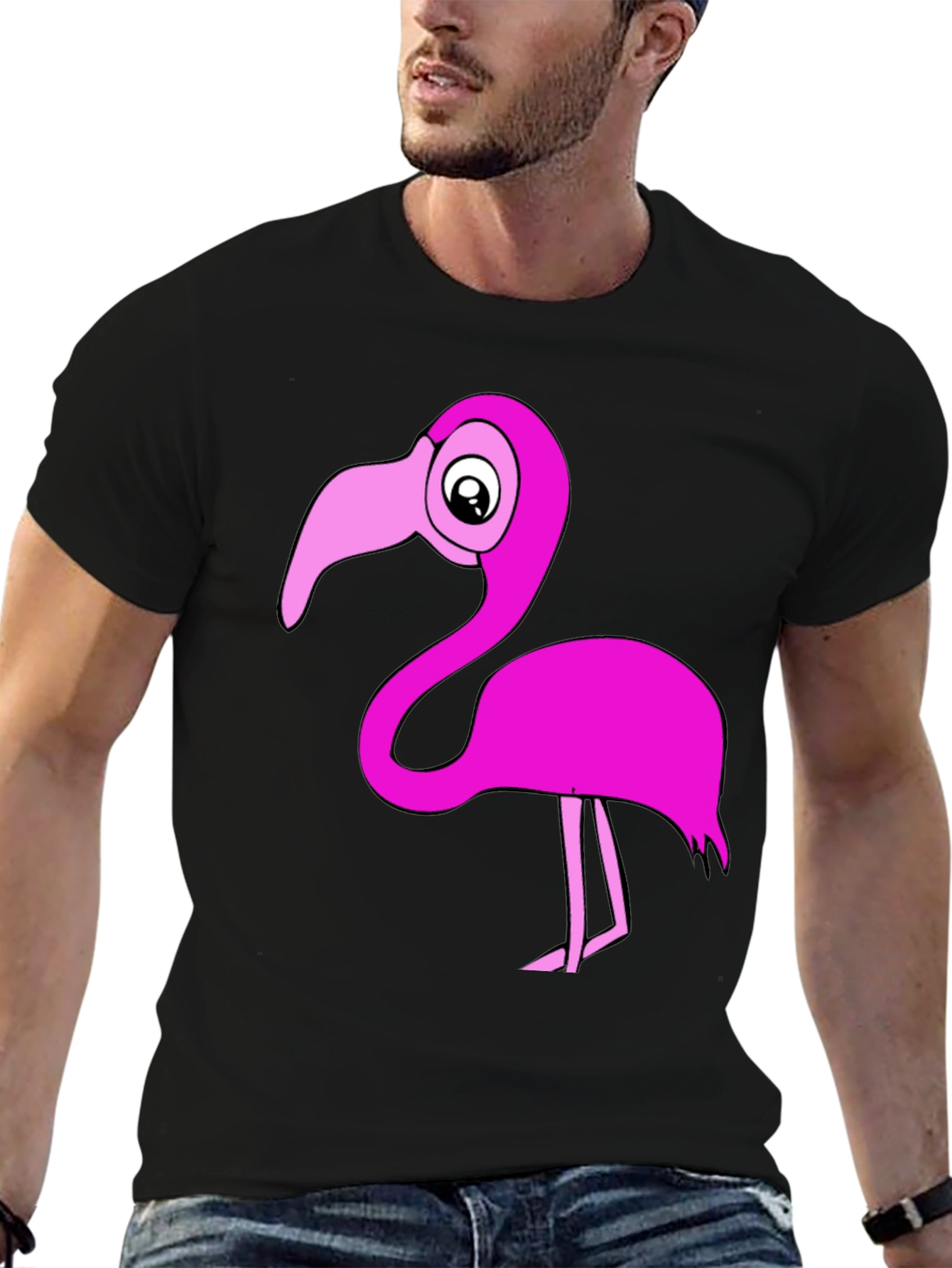 Black Flamingo T-Shirt: Fun Cartoon Pink Bird