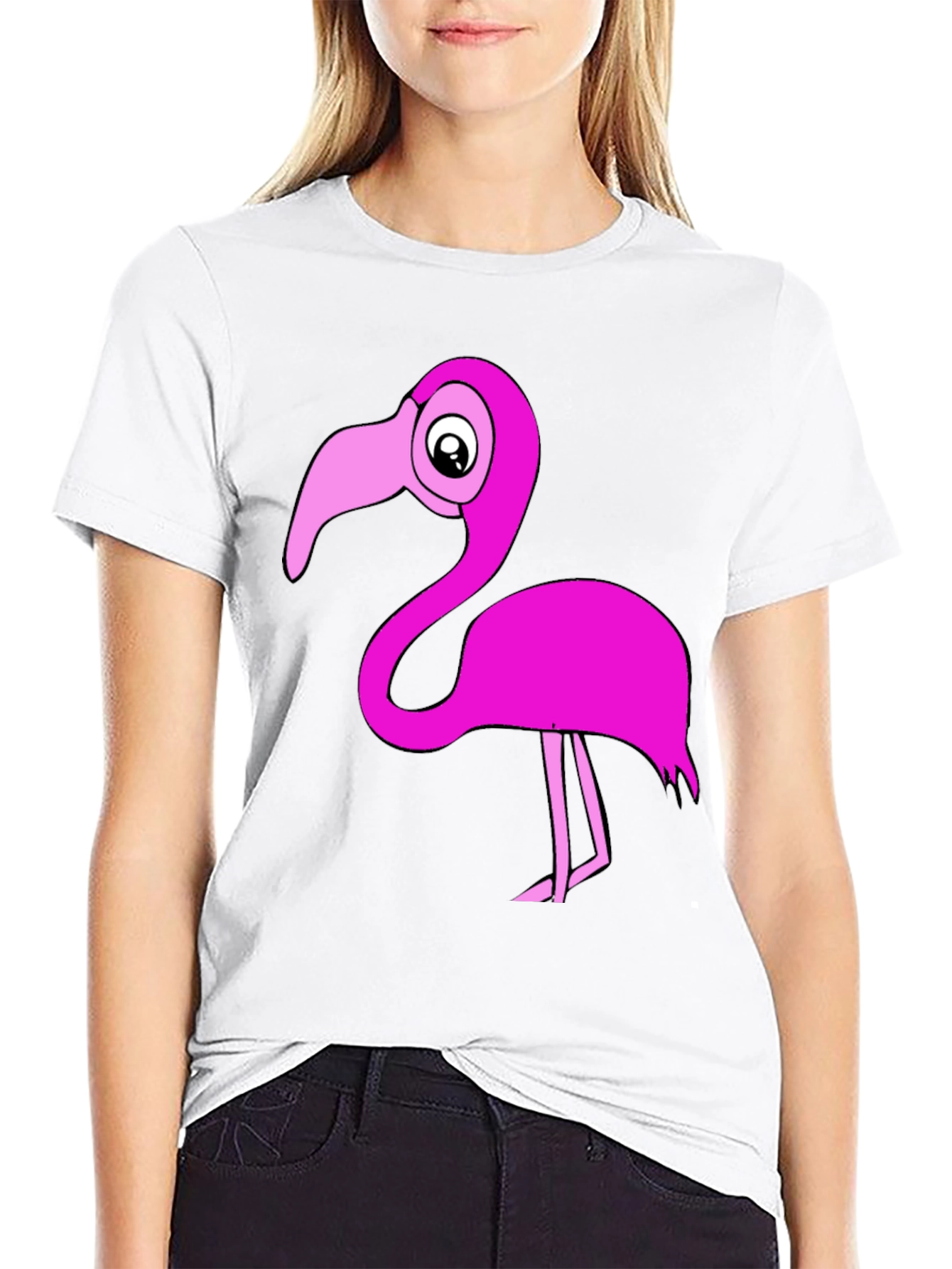 Black Flamingo T-Shirt: Fun Cartoon Pink Bird