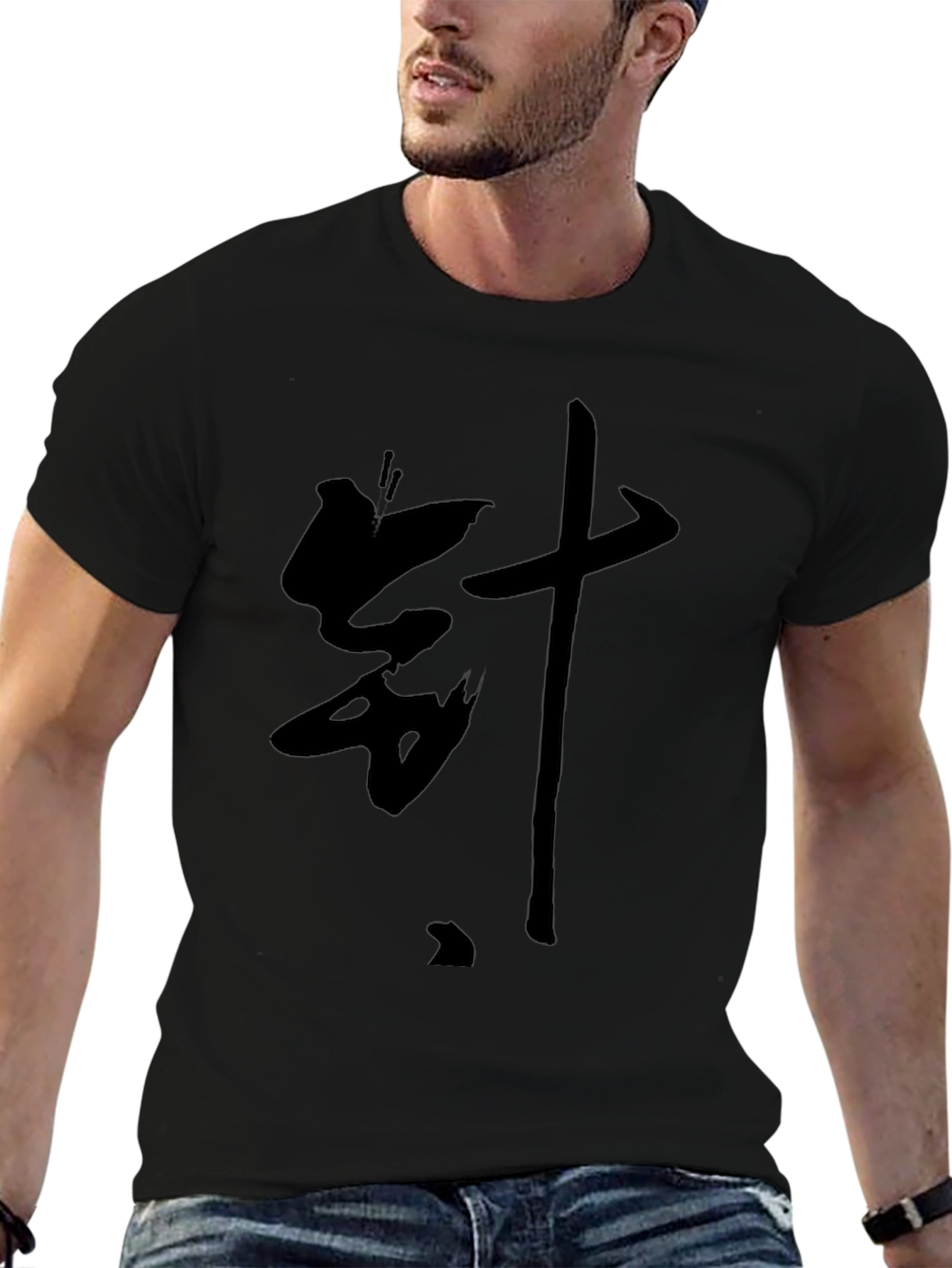 Black T-Shirt with Bold Asian Lettering