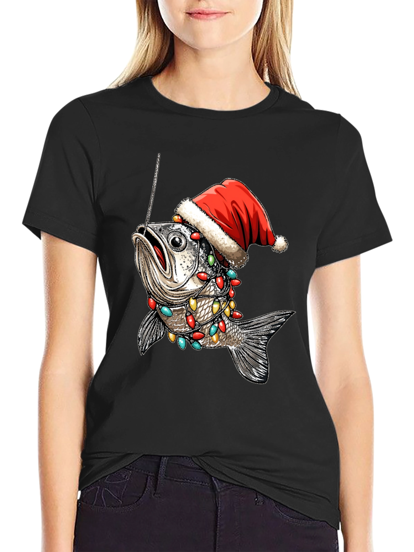 Festive Fishing T-Shirt - Holiday Fish Santa Hat Tee