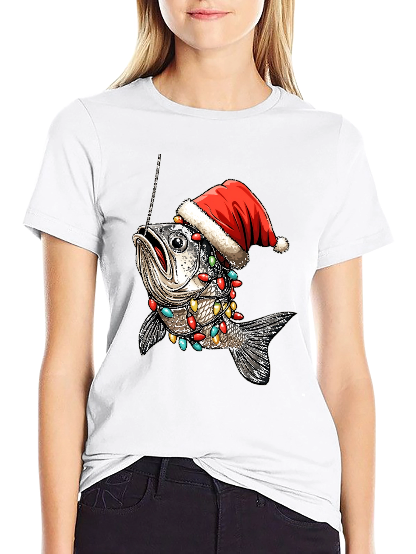 Festive Fishing T-Shirt - Holiday Fish Santa Hat Tee