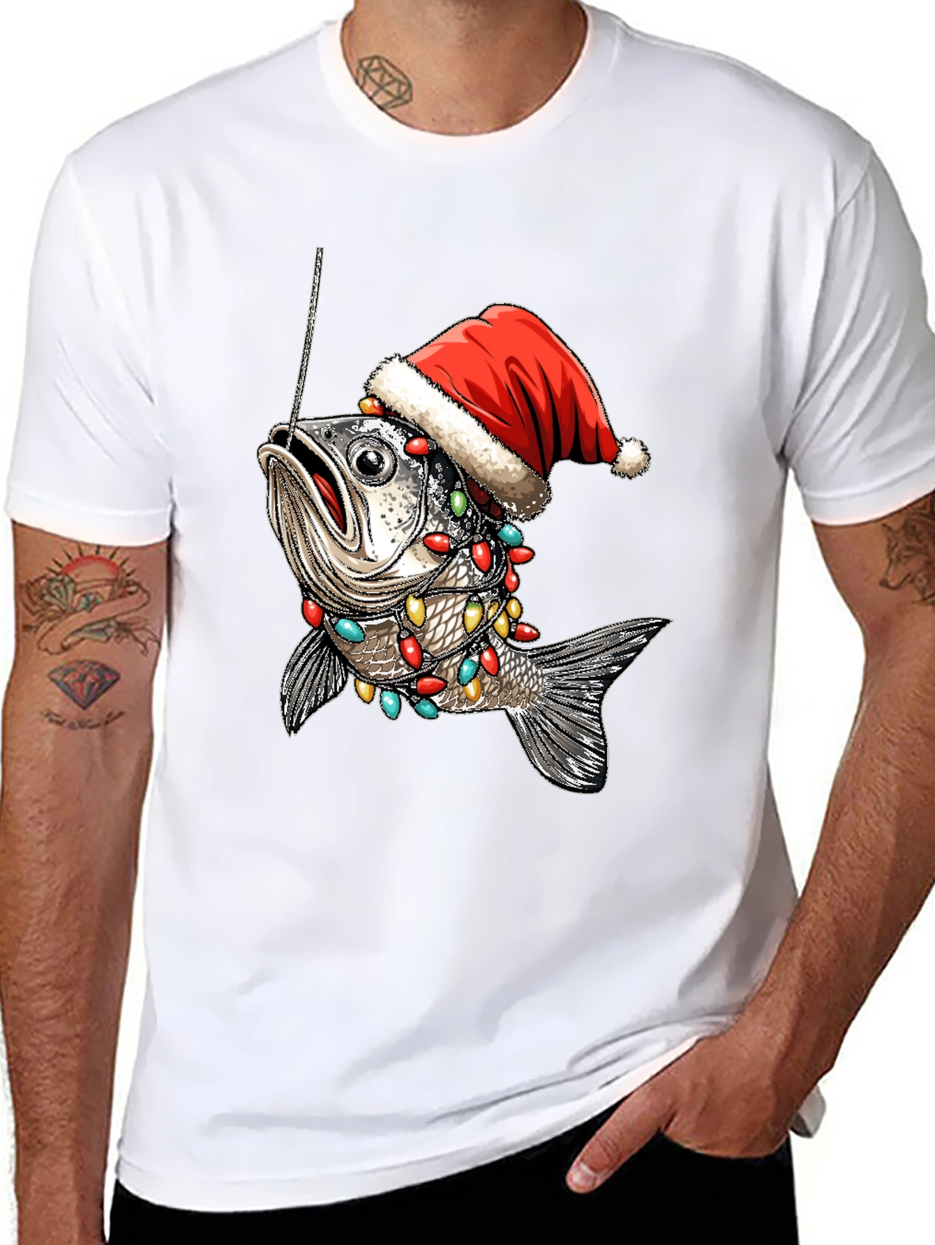 Festive Fishing T-Shirt - Holiday Fish Santa Hat Tee