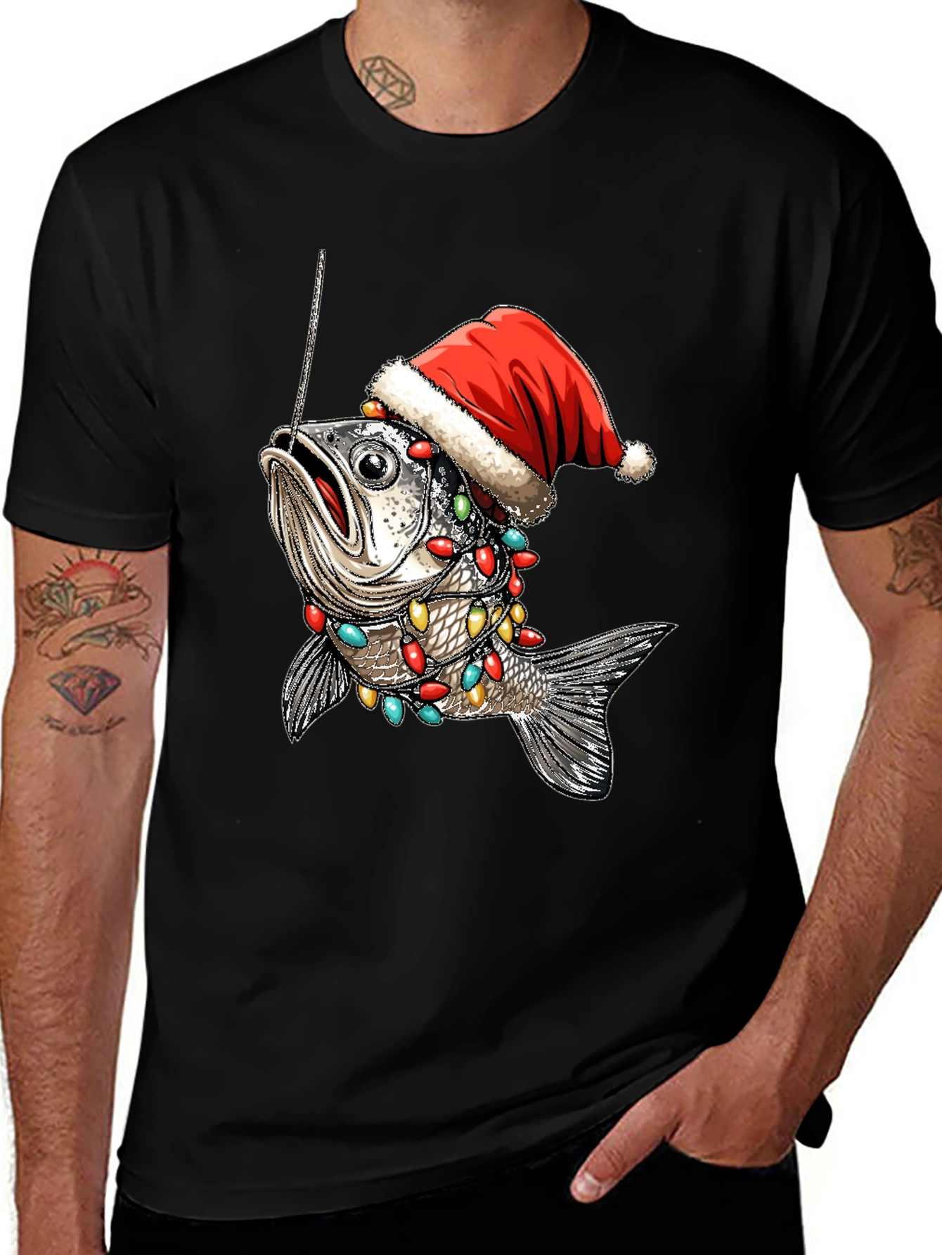 Festive Fishing T-Shirt - Holiday Fish Santa Hat Tee