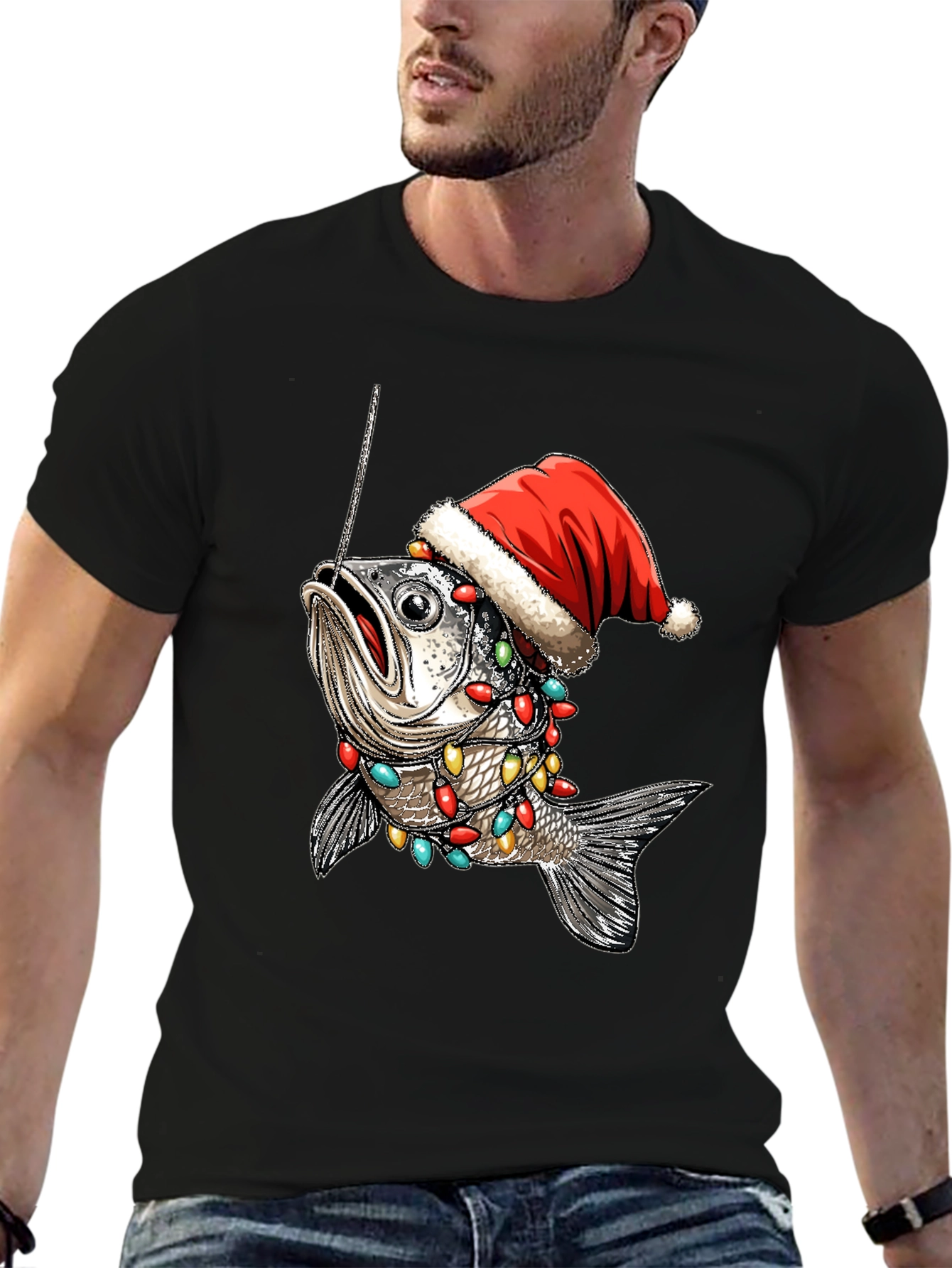 Festive Fishing T-Shirt - Holiday Fish Santa Hat Tee