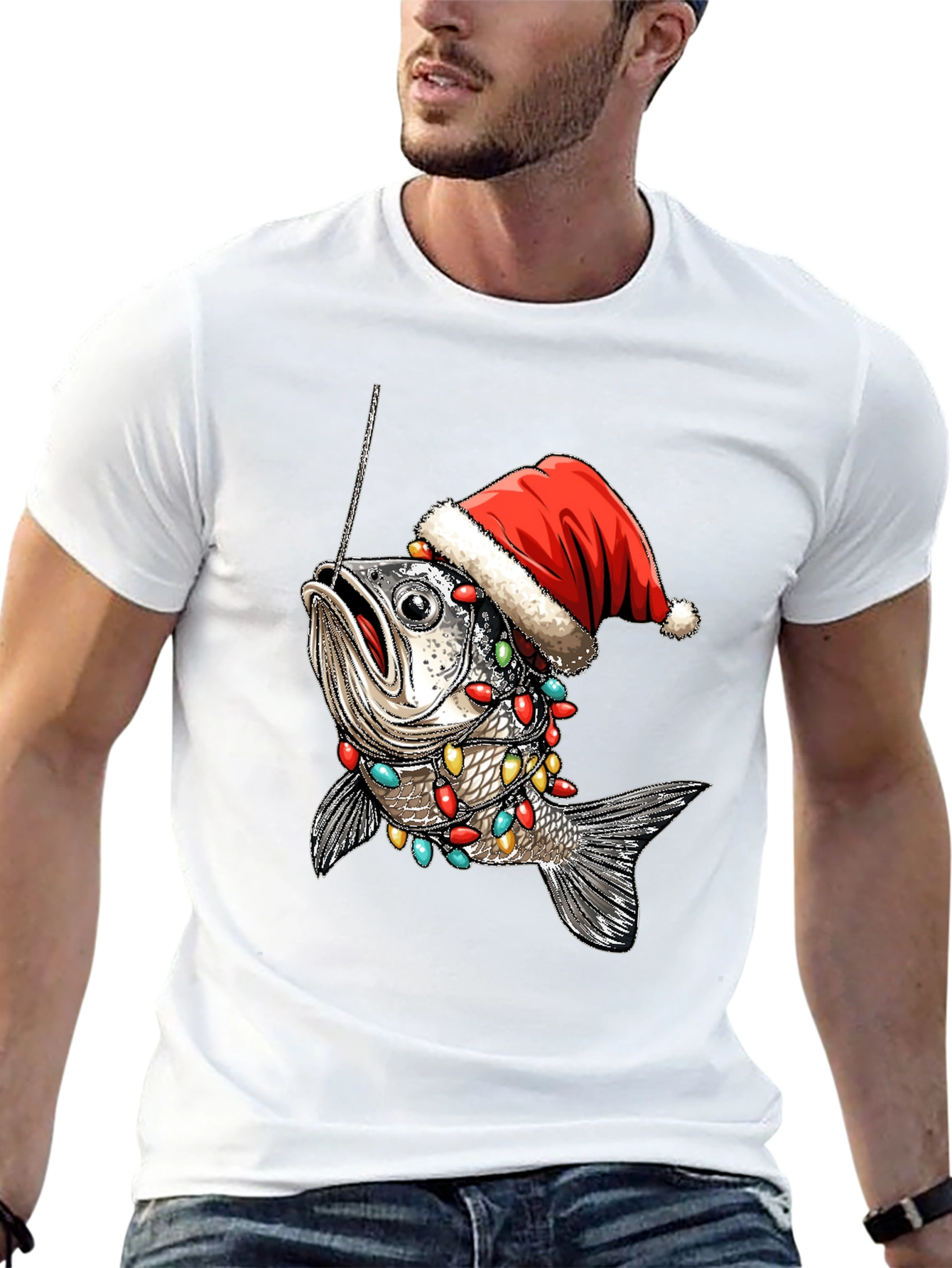 Festive Fishing T-Shirt - Holiday Fish Santa Hat Tee