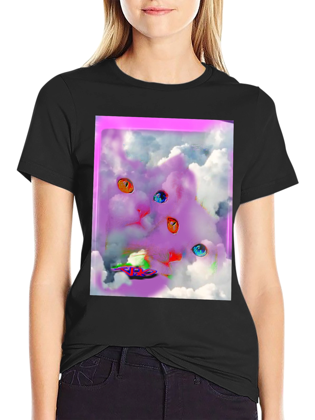 Surreal Cat Graphic Tee - Black Cotton Comfort