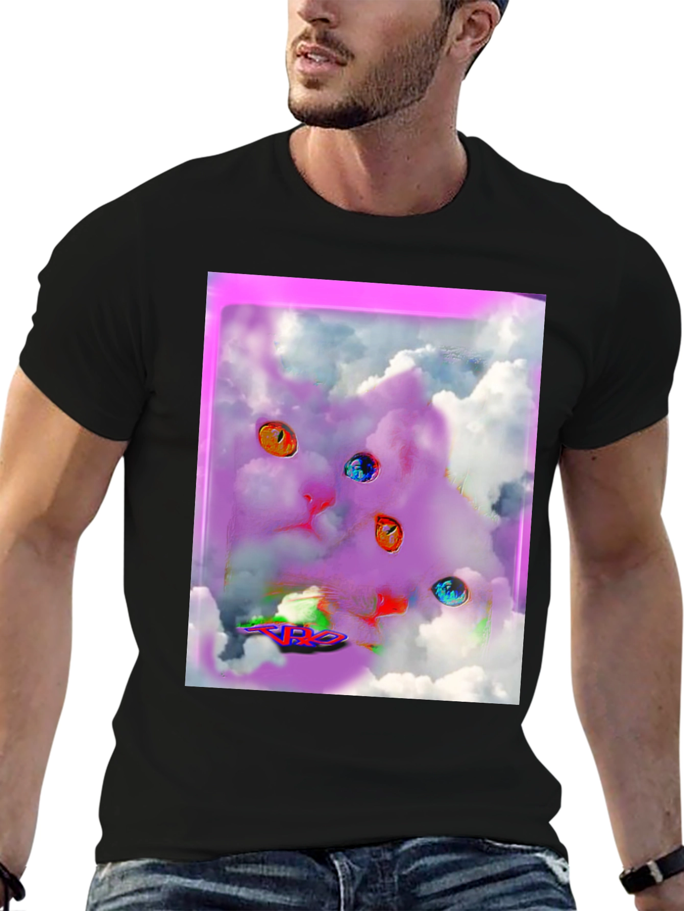 Surreal Cat Graphic Tee - Black Cotton Comfort