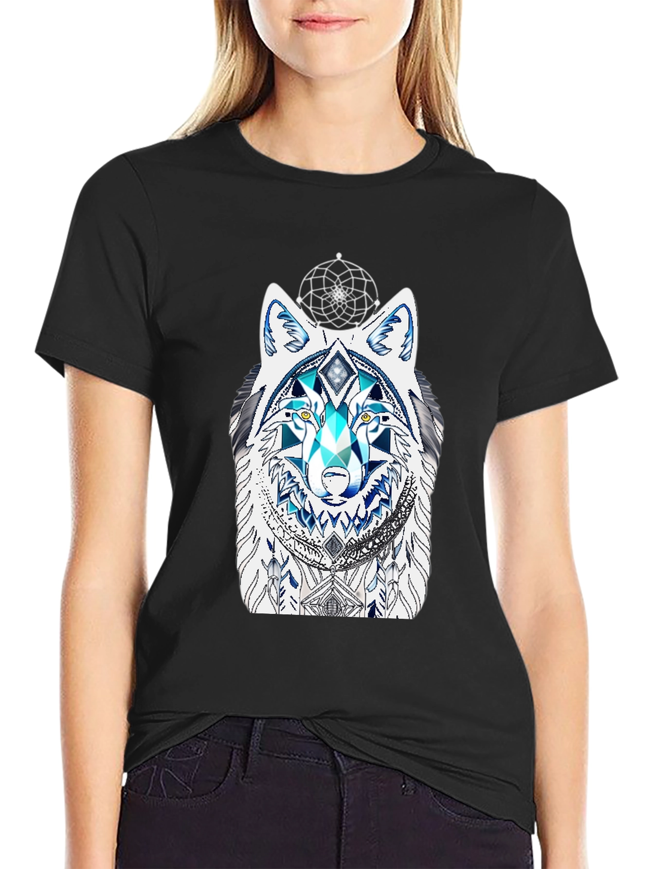 Wolf Graphic Tee - Geometric Dreamcatcher Design