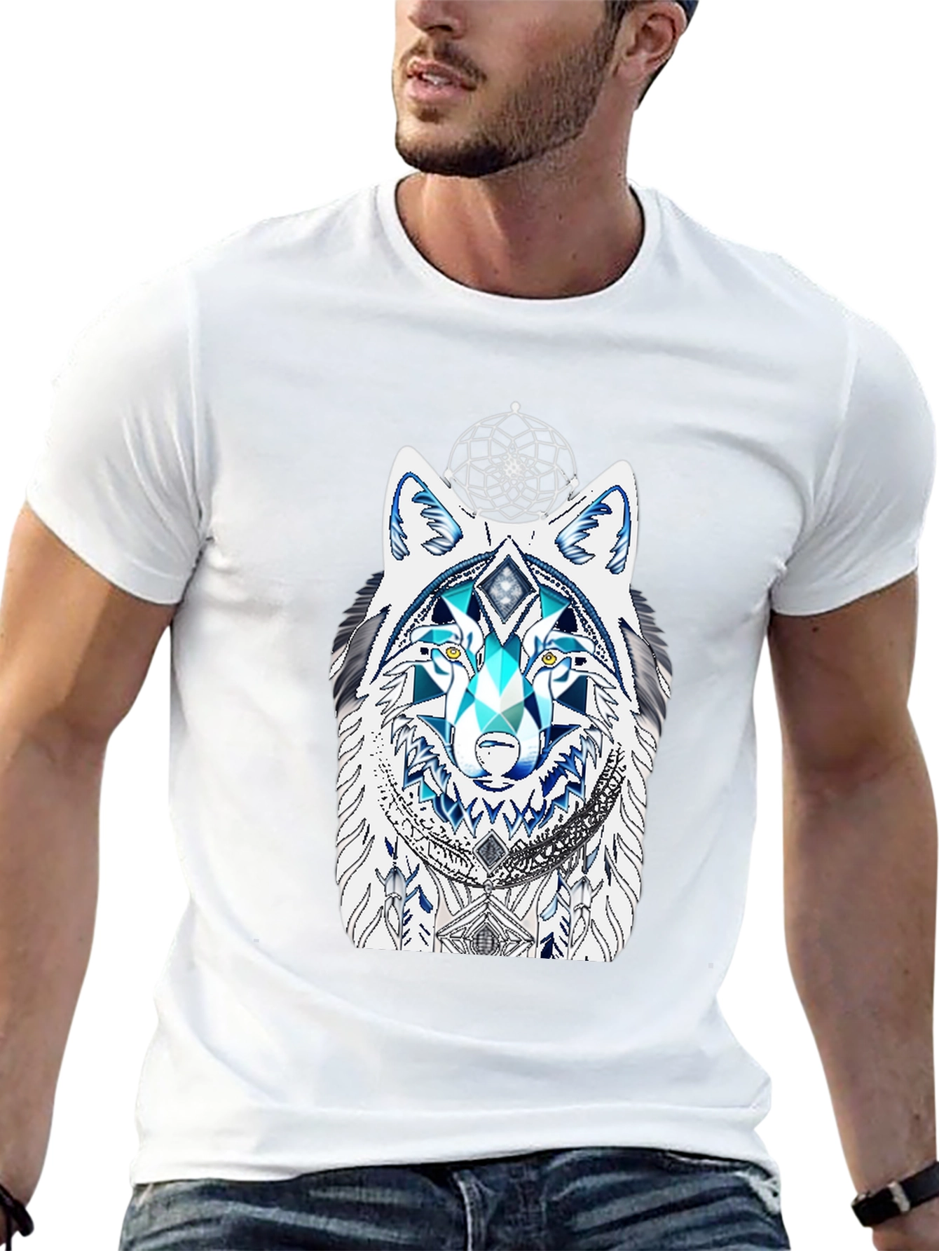 Wolf Graphic Tee - Geometric Dreamcatcher Design