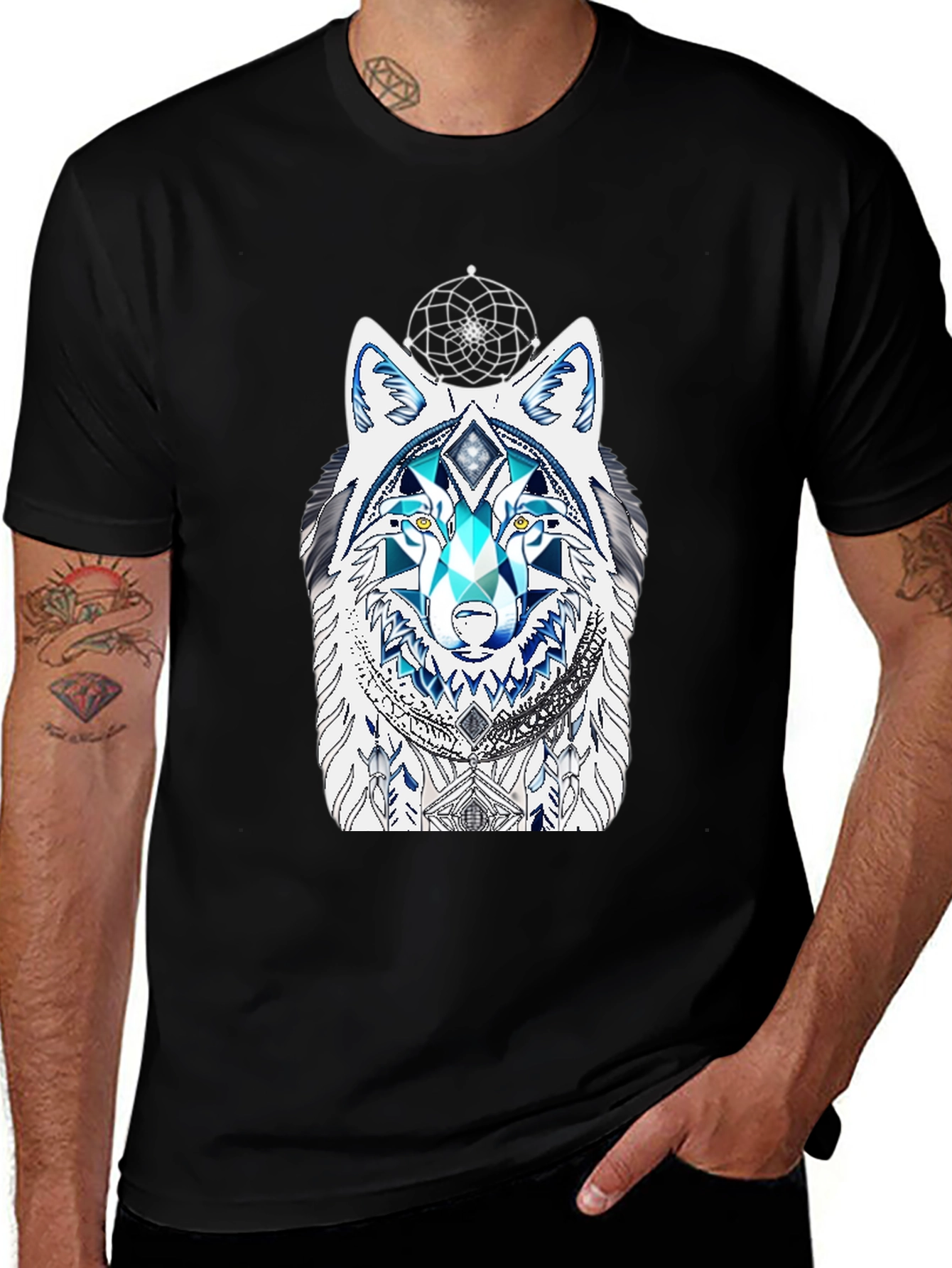 Wolf Graphic Tee - Geometric Dreamcatcher Design