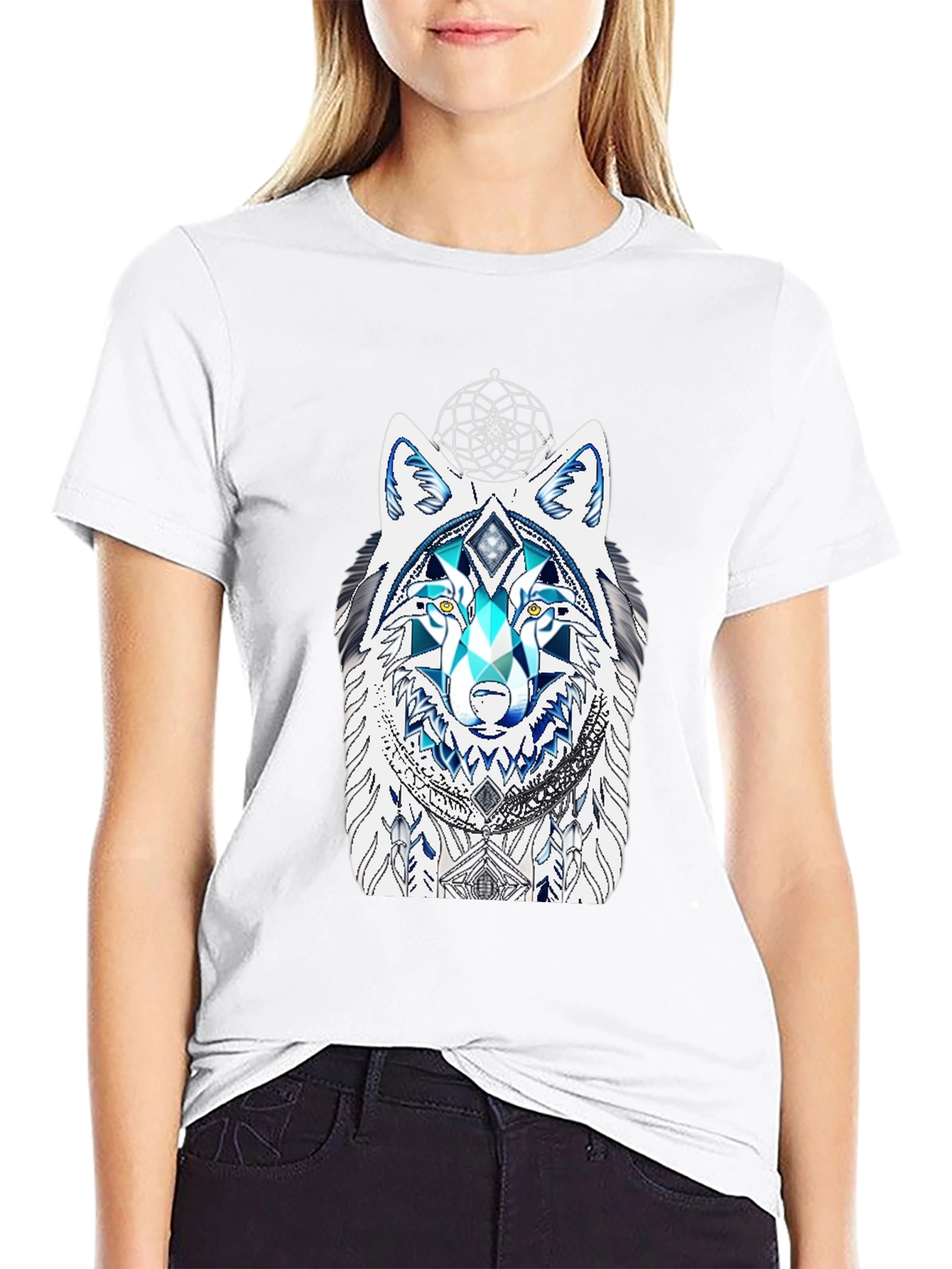 Wolf Graphic Tee - Geometric Dreamcatcher Design