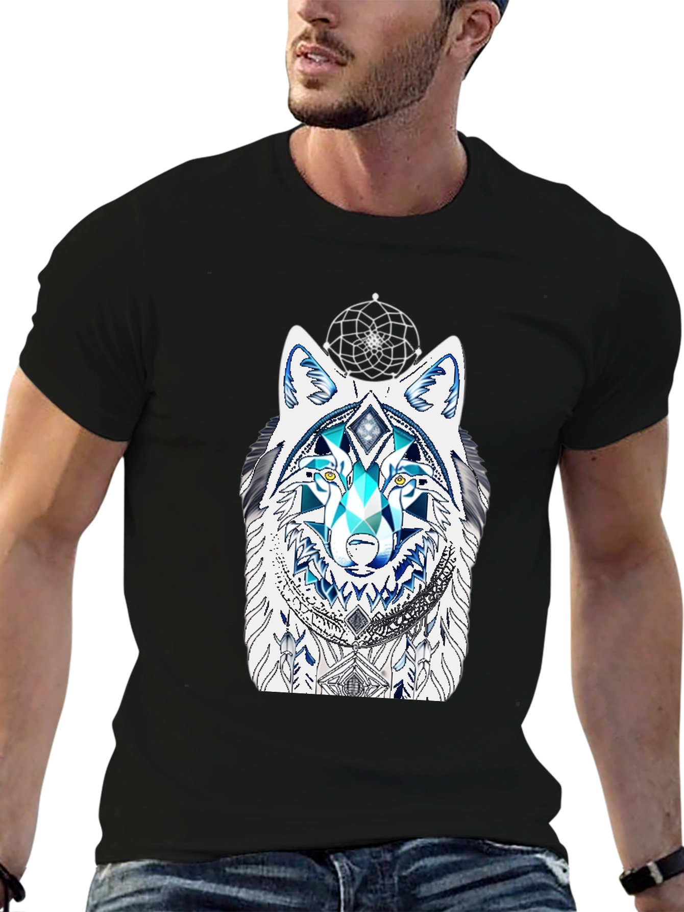 Wolf Graphic Tee - Geometric Dreamcatcher Design
