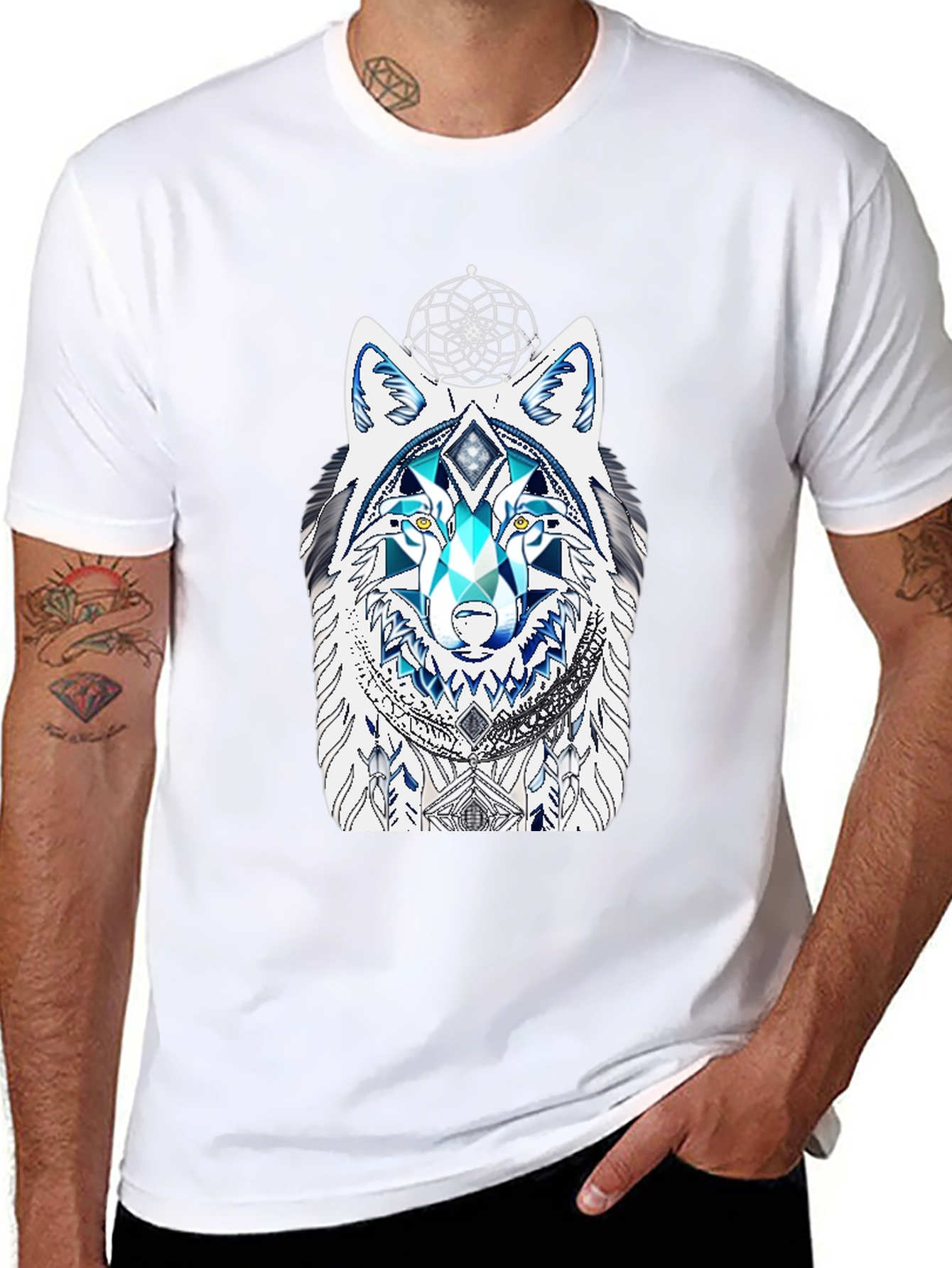 Wolf Graphic Tee - Geometric Dreamcatcher Design