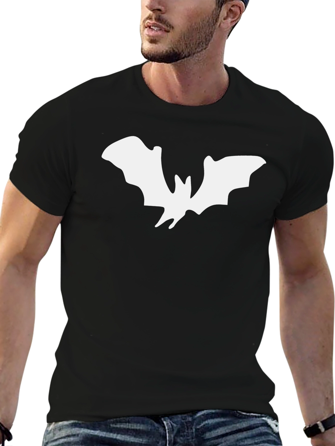 Mens Black T-Shirt with White Bat Graphic