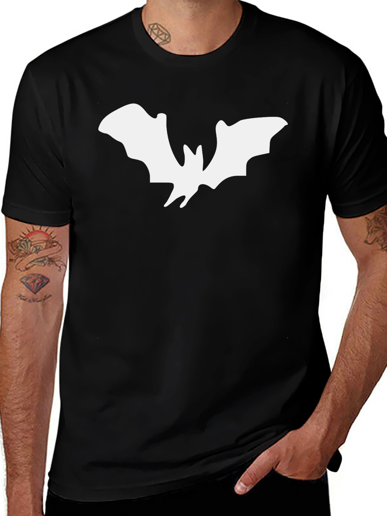Mens Black T-Shirt with White Bat Graphic