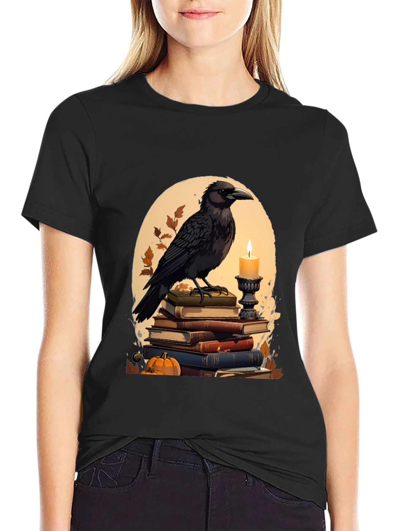Raven on Books T-Shirt - Literary Dark Academia Style