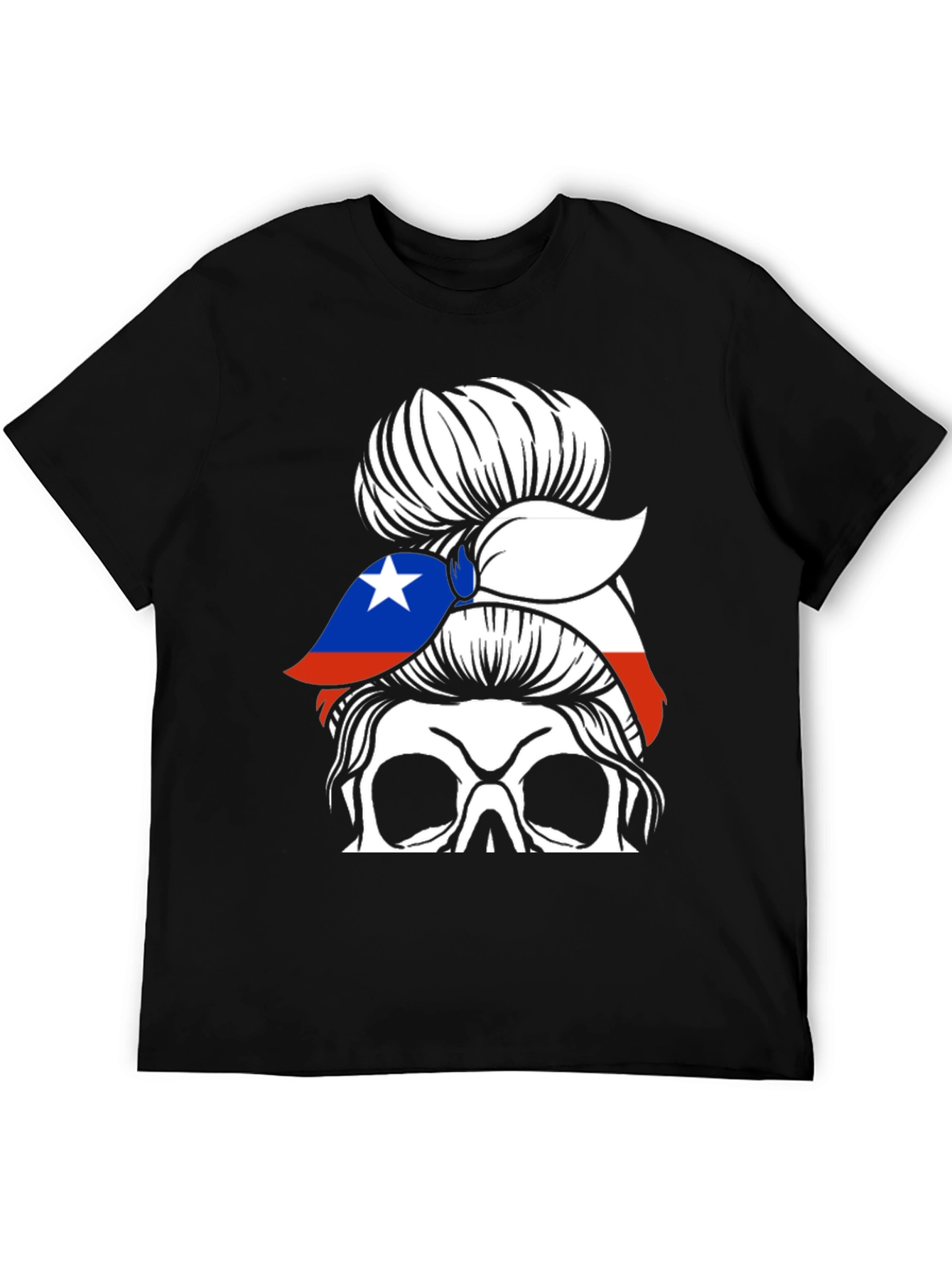 Skull Messy Bun Chile Flag T-Shirt