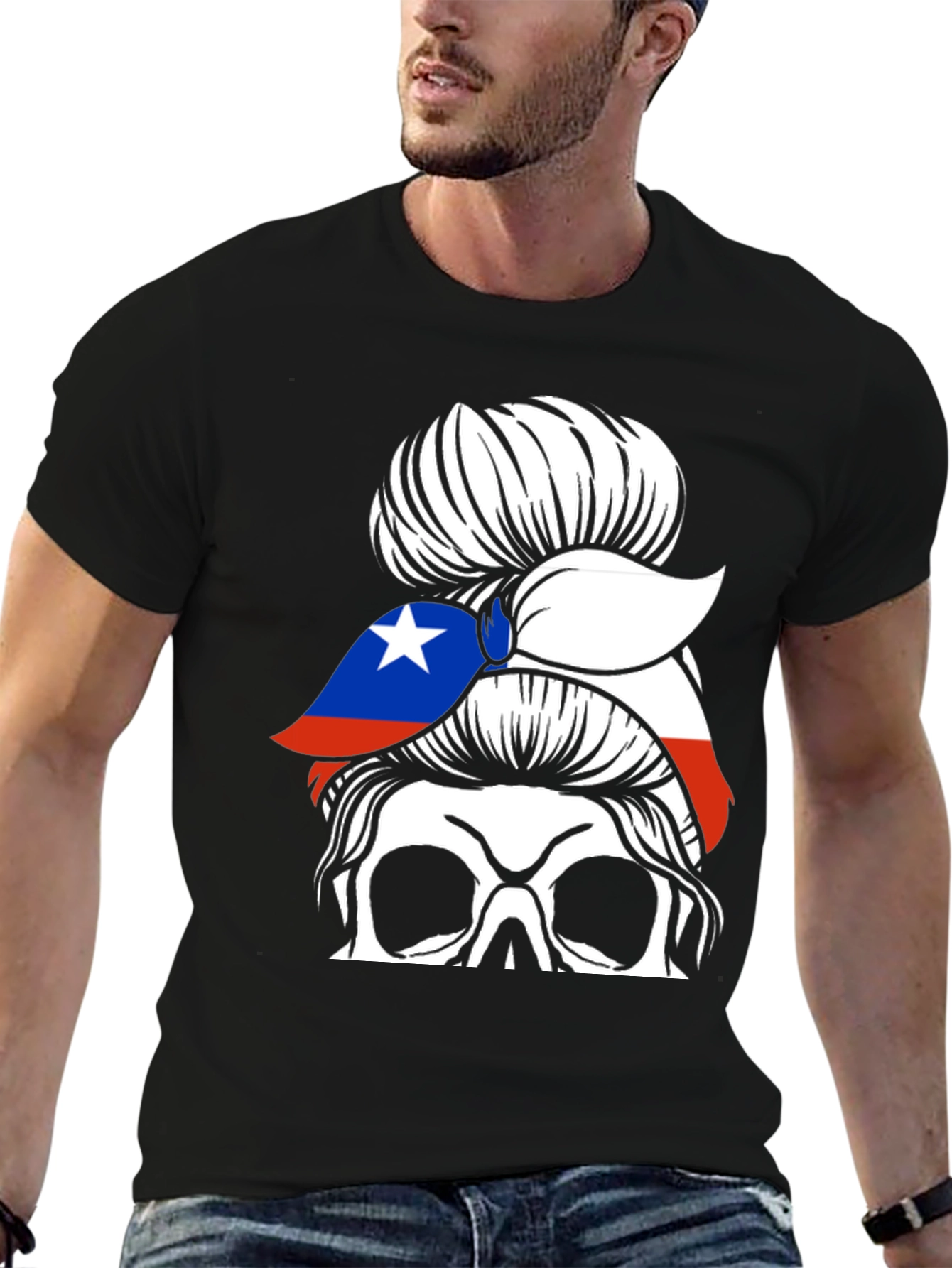 Skull Messy Bun Chile Flag T-Shirt
