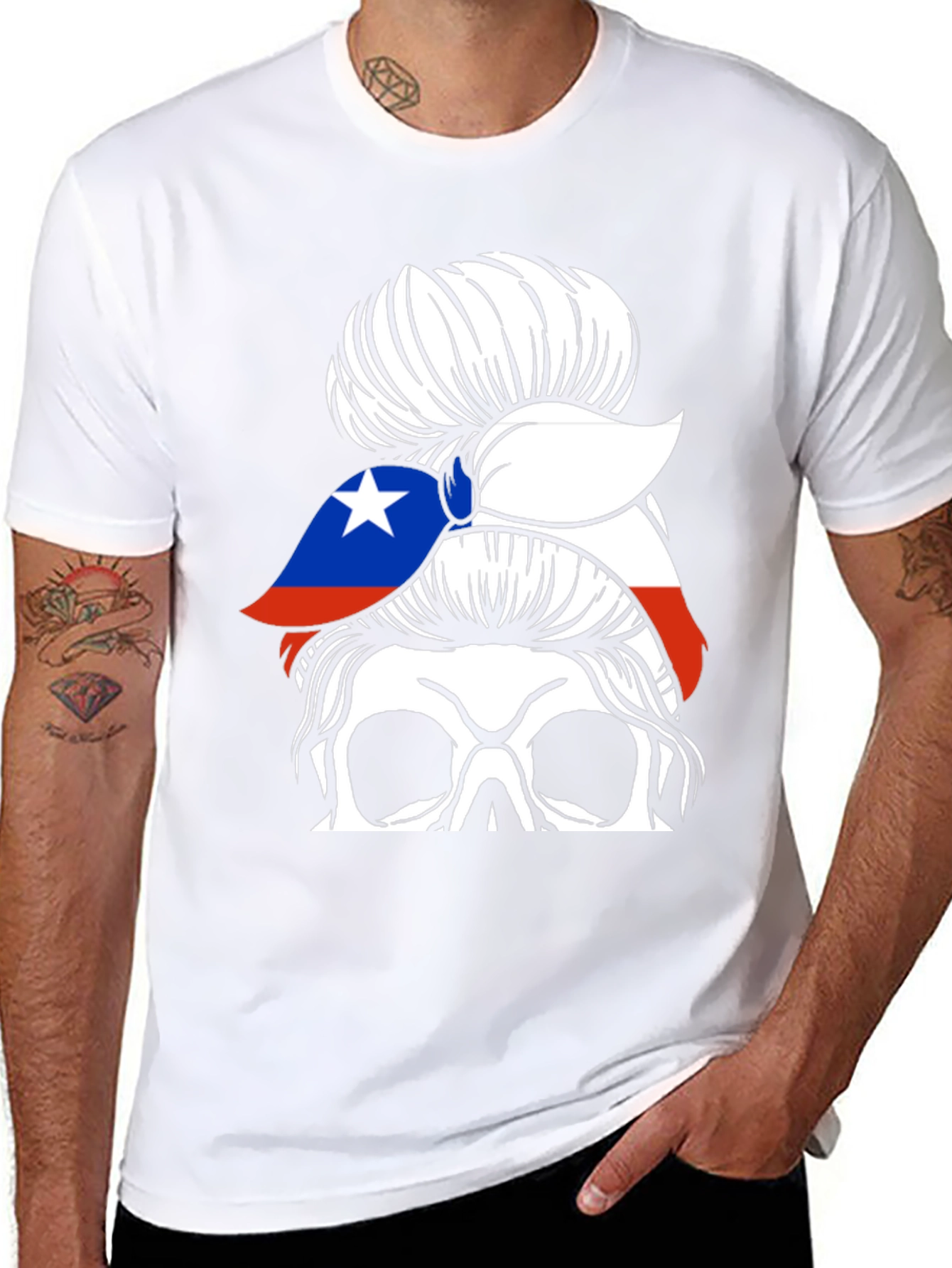 Skull Messy Bun Chile Flag T-Shirt