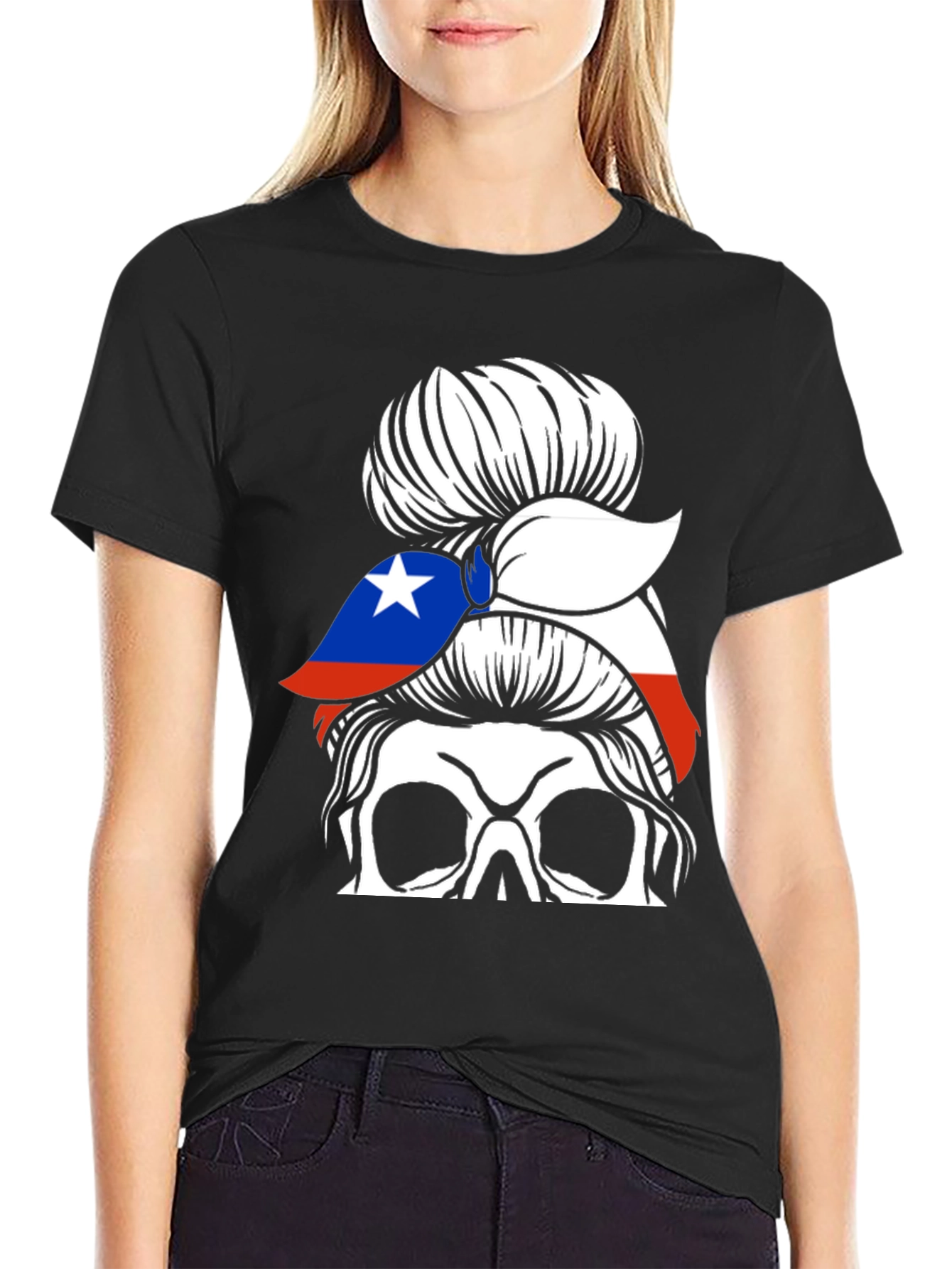 Skull Messy Bun Chile Flag T-Shirt