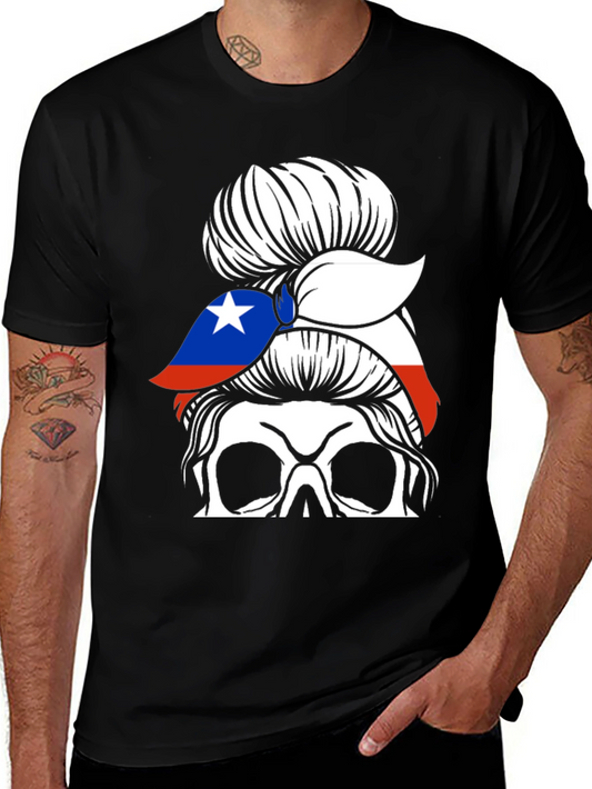 Skull Messy Bun Chile Flag T-Shirt