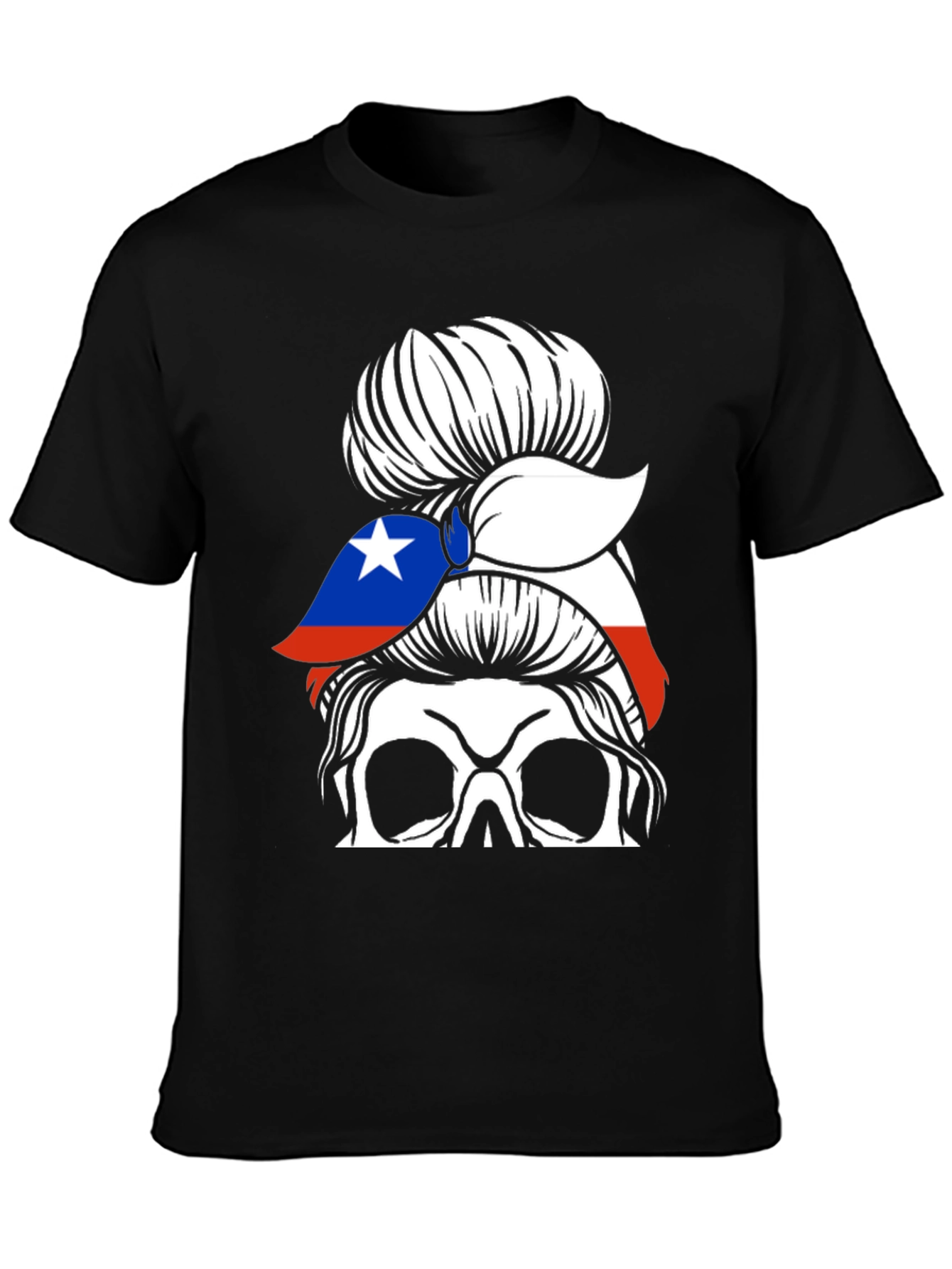 Skull Messy Bun Chile Flag T-Shirt