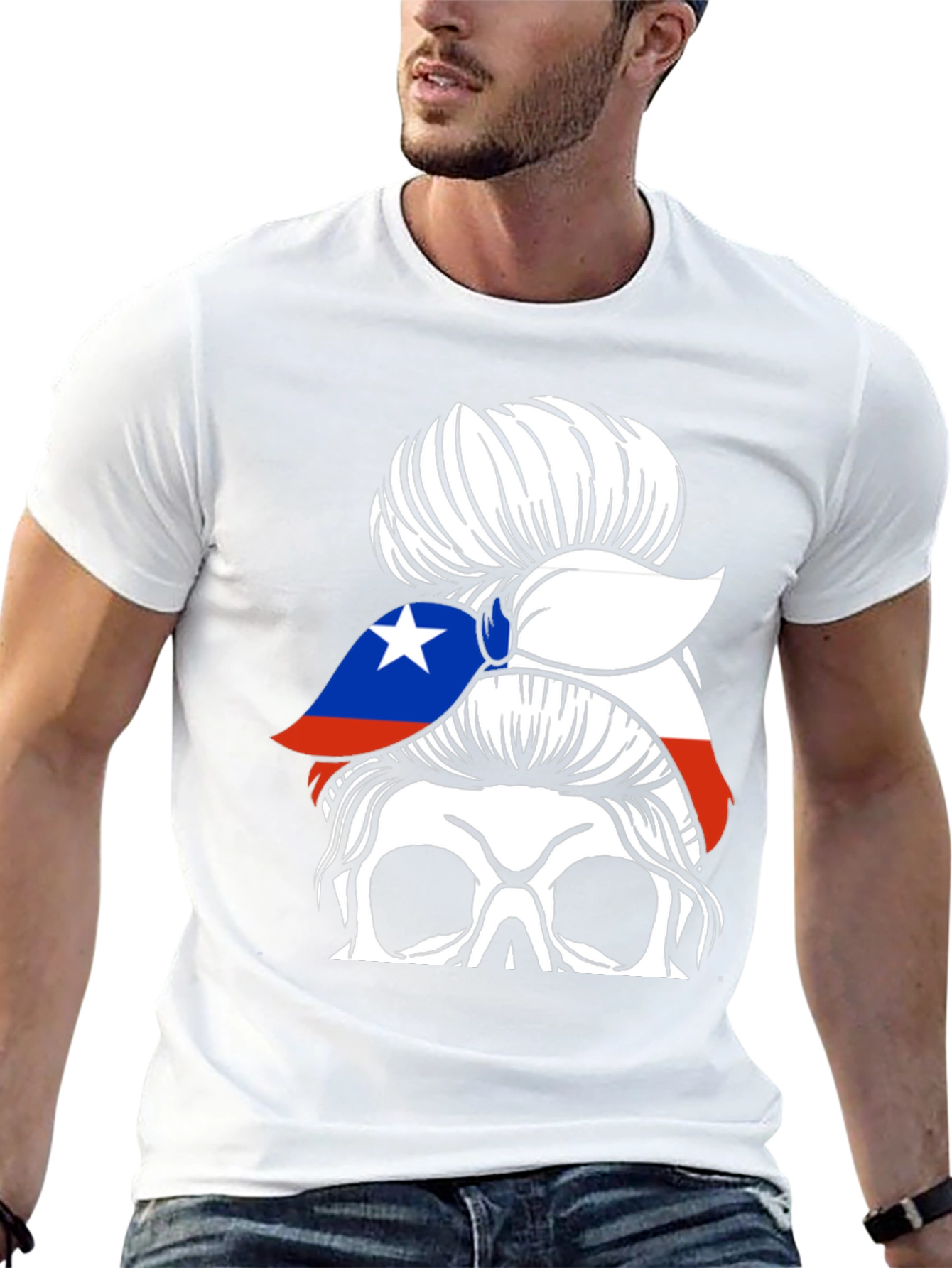 Skull Messy Bun Chile Flag T-Shirt
