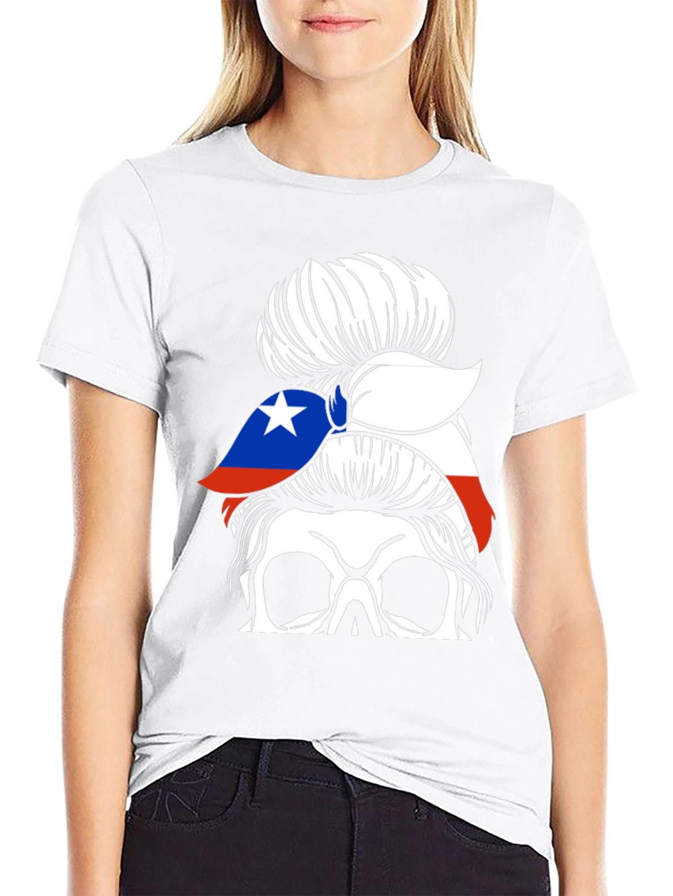 Skull Messy Bun Chile Flag T-Shirt